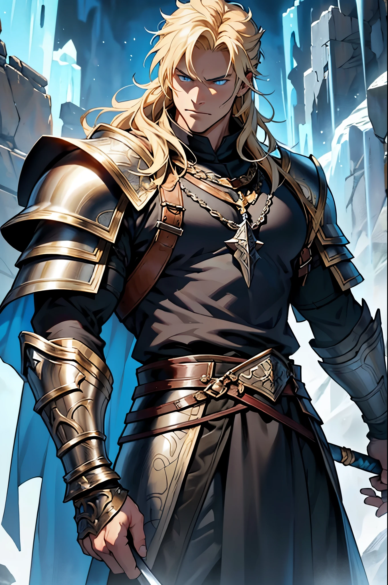 Draw Bjorn Thorsen (Beowulf) in a regal and commanding pose. He stands tall with his large Viking sword, "Fang of Fenrir," planted firmly beside him. His heavy armor made of hardened leather and metal, adorned with runic symbols and gold details, and his bear pelt cloak flow majestically. His long, ash-blond hair and ice-blue eyes emphasize his powerful and warrior-like presence. Surround him with a golden aura to highlight his mythic abilities and noble heritage.
