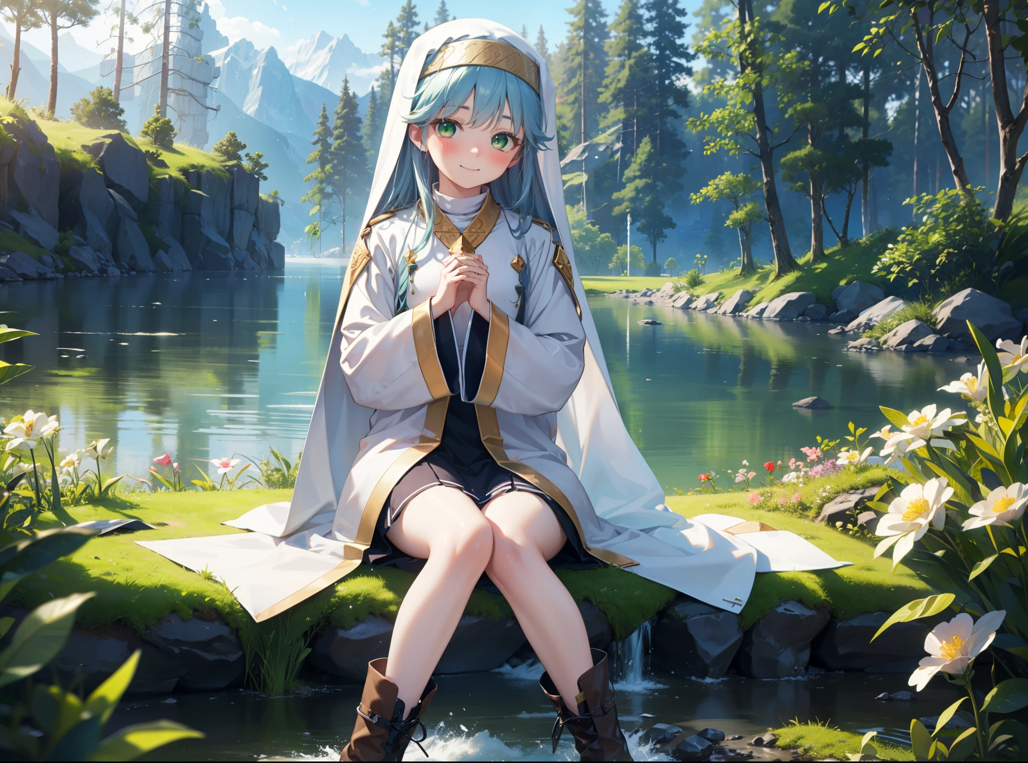 index, index, (Green Eyes:1.5), Blue Hair, Long Hair, (Flat Chest:1.2),
break habit, Long sleeve, Nuns,Wide sleeves,short boots,blush,happy smile, smile,corolla,whole bodyがイラストに入るように,Sitting,Looking up from below,
break looking at viewer, whole body,
break outdoors, nature,Flower Field,Large Lake,
break (masterpiece:1.2), highest quality, High resolution, unity 8k wallpaper, (shape:0.8), (Beautiful details:1.6), Highly detailed face, Perfect lighting, Highly detailed CG, (Perfect hands, Perfect Anatomy),