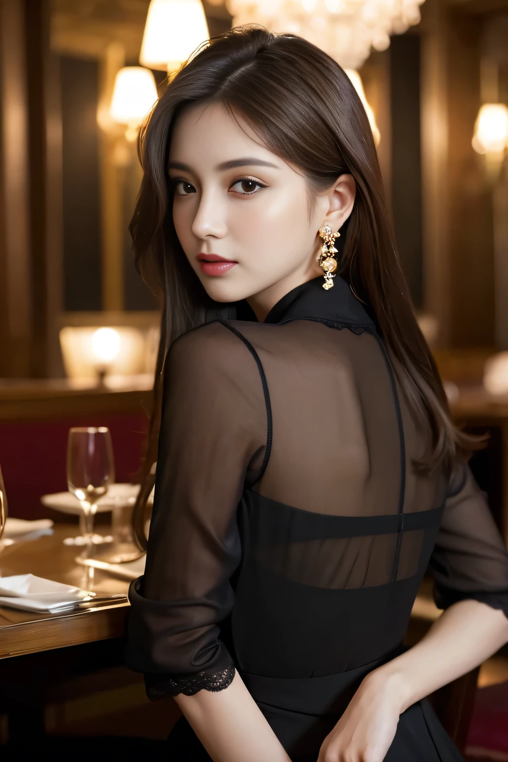 masterpiece, highest quality, Realistic, Very detailed, Finer details, High resolution, 8k wallpaper, One beautiful woman, Wear an elegant black see-through blouse, In a great restaurant, At night, Light brown messy hair, Perfect dynamic composition, Beautiful and beautiful eyes、Big earrings