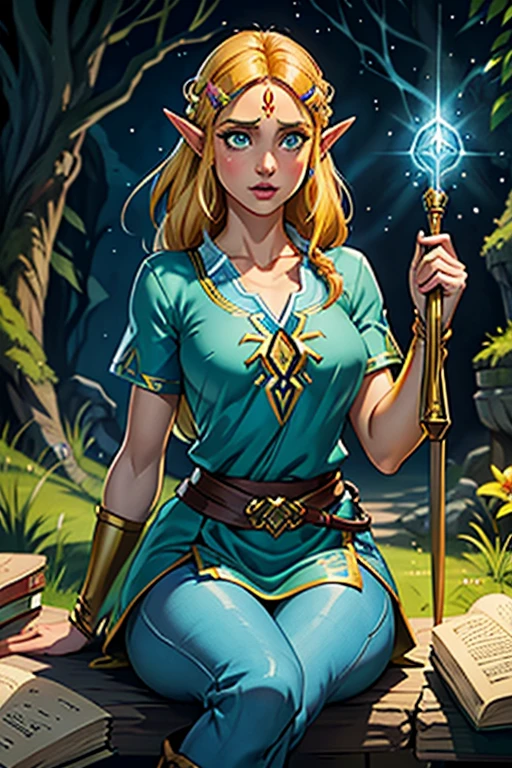 princess zelda, 1 garota, artist request, cinto, cabelo loiro, camisa azul, livro, Botas, inexpressivo, corpo todo, olhos verdes, high resolution, olhando para o espectador, Magia, nintendo, pants, Orelhas pontudas, camisa, cabelo curto, fundo simples, Sozinho, A Lenda de Zelda, A Lenda de Zelda: sopro da natureza, A Lenda de Zelda: Tears of the Kingdom, flor feita de luz, Magia