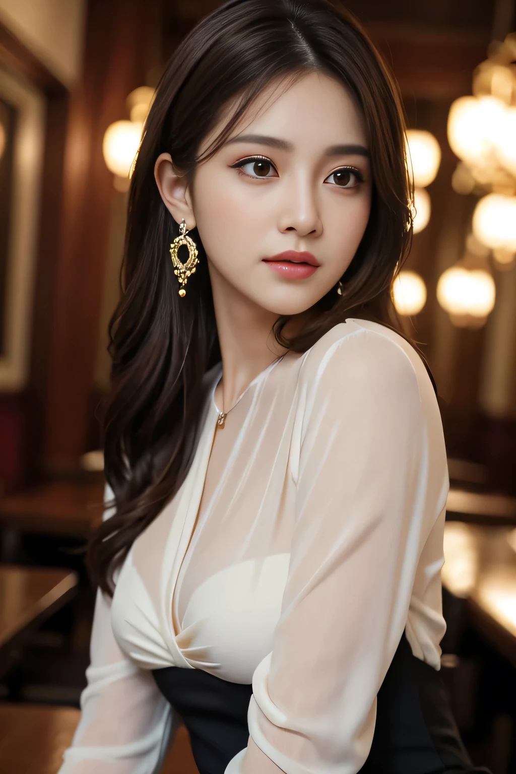masterpiece, highest quality, Realistic, Very detailed, Finer details, High resolution, 8k wallpaper, One beautiful woman, Wear an elegant black see-through blouse, In a great restaurant, At night, Light brown messy hair, Perfect dynamic composition, Beautiful and beautiful eyes、Big earrings