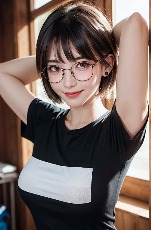 masterpiece、best quality、Ultra-high resolution、(Photorealism:1.4)、((1 Girl、fair skin:1.4、Looking at the audience、24 years old、Spotless、a delicate face、Black、beaver_cut、Short hair with bangs、Large Breasts))、(Chest、Showing off muscles、Sweaty muscles、Punk short t-shirt、tight t-shirt、Punk Girl)、(a smile、happiness、joy、Lively、Shut up)、(Hold your breasts between your arms and pull them closer)、Highly detailed eyes、Long Neck、(((Short hair with bangs)))、eyelash、big eyes、((very beautiful、very beautiful))、(((Natural sunlight、Stretch out your ears、Staring at the audience、attract the audience、Breast bursting、Bright spots in the eyes)))、black glasses frame