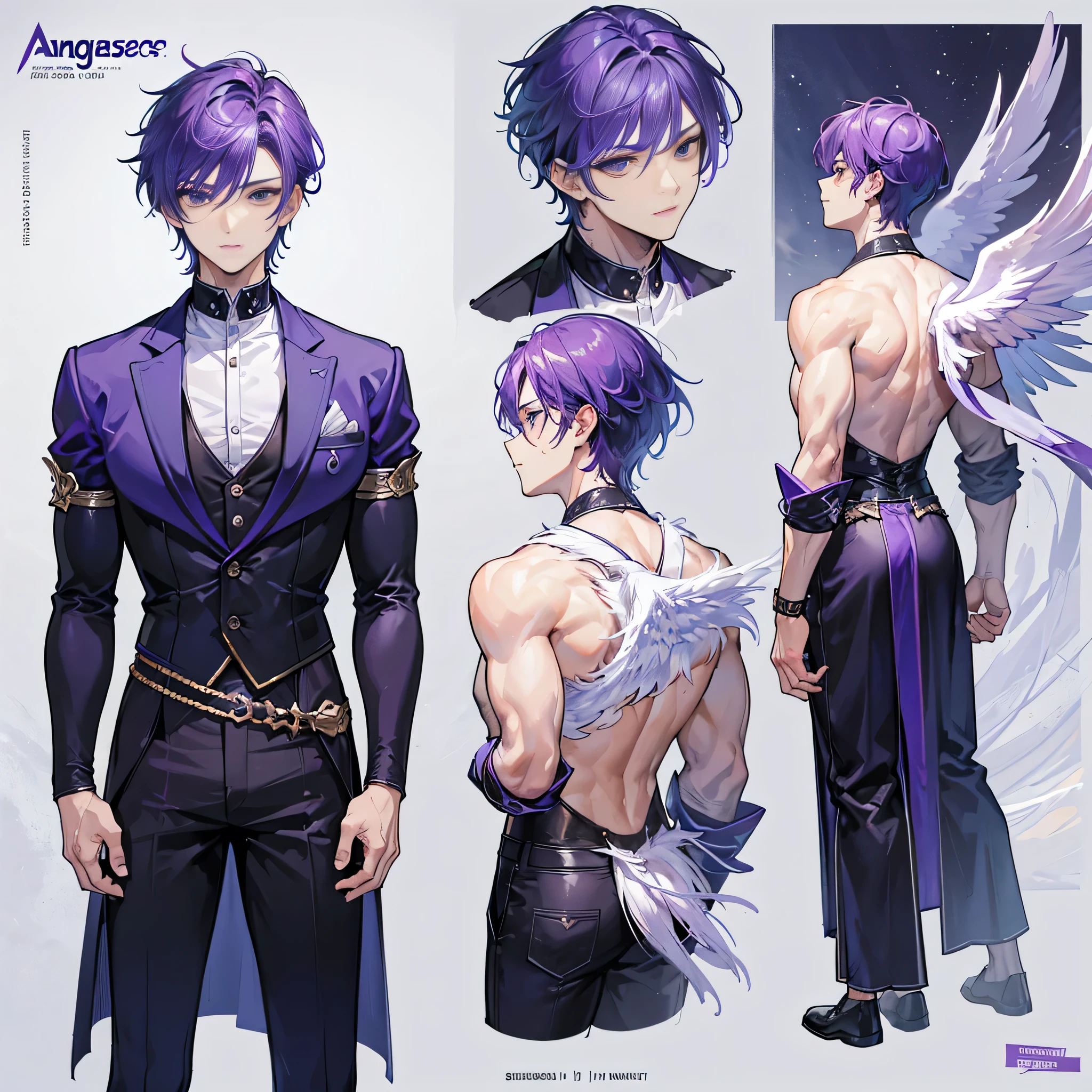 ((Masterpiece, Highest quality)), (Masterpiece, best quality), detailed, 1boy, ((character concept art)), ((character design sheet, same character, front, side, back)), 1 Male, 1boy, man, Detailed face, character design sheet,full bodyesbian, frontal body view, back body view, Highly detailed, character sheet, character design, Many parts, dark skin, angel wings, short purple hair, angel outfit, masculine, male muscle, manly men, manly boy, male angel, manly angel, Muscle boy with purple short hair,handsome man, male angel , man tall