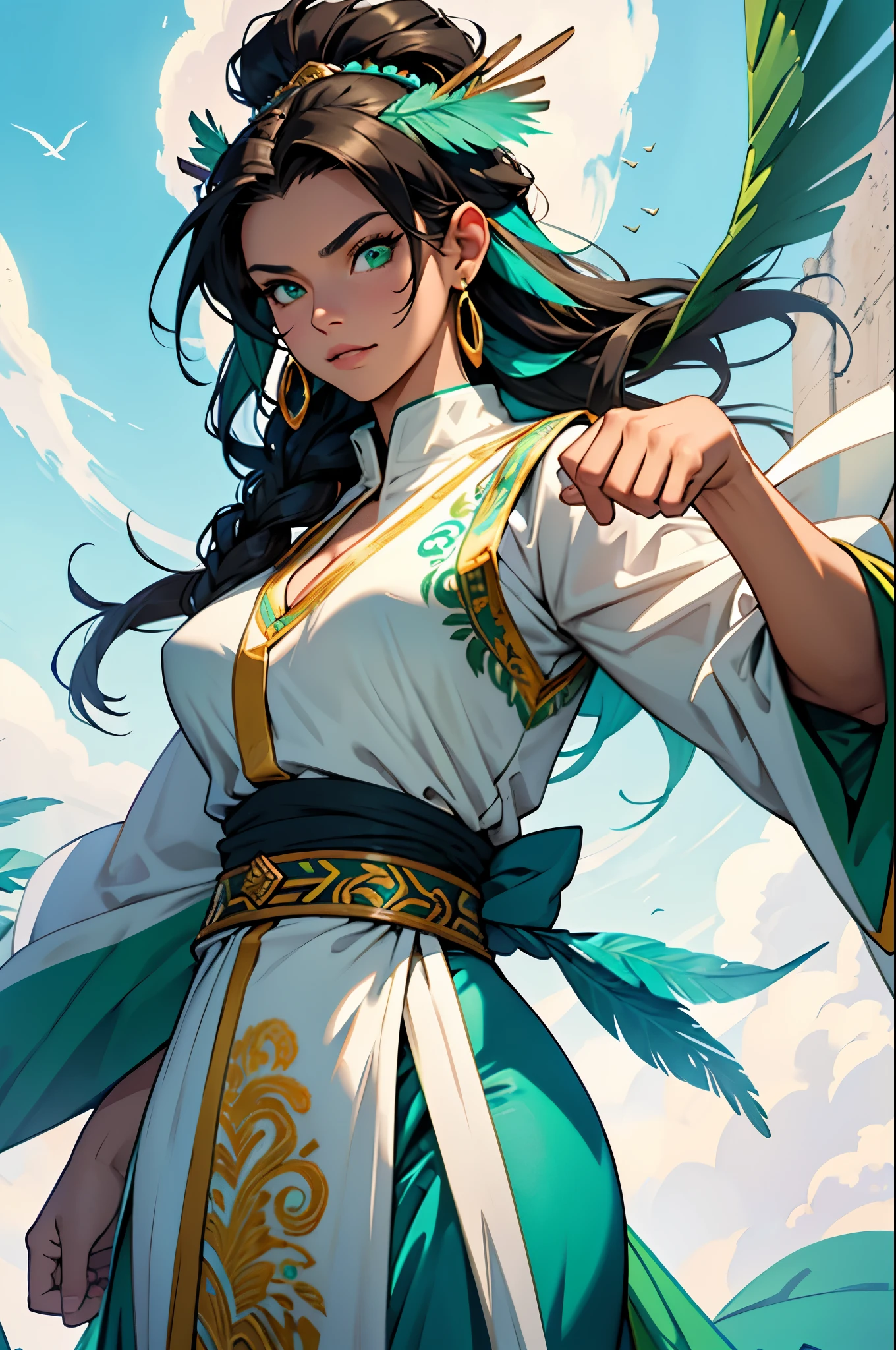Illustrate Isabel Xochitl (Quetzal) in an action pose. She is commanding the wind around her, with her vibrant embroidered tunic and feather-adorned outfit flowing dynamically. Her deep emerald green eyes are focused and intense, and her long, wavy black hair with green and turquoise feathers moves with the wind. Surround her with a dynamic aura of dancing wind and glowing feathers in green and turquoise to showcase her connection with Quetzalcoatl and her powerful presence.