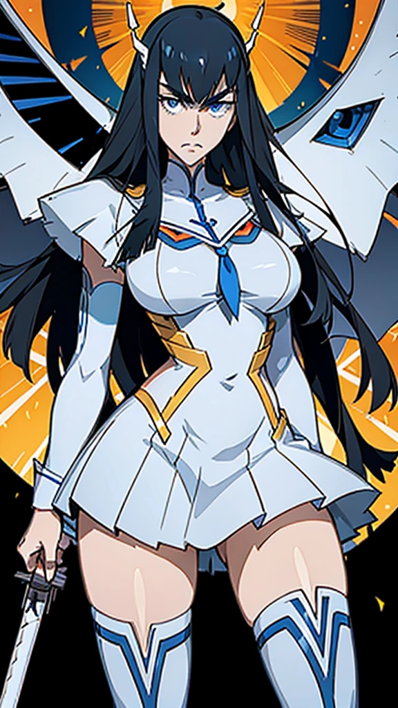 Satsuki Kiryuin, Satsuki Kiryuin de Kill-la-Kill, dressed as junkets, gros seins, seins volumineux, curvy breasts, Bas en maille, debout avec un katana, pleine hauteur, Vue du bas, Best quality, Very detailed, ultra 8k resolution