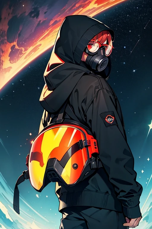 Image of a subject with a hooded jacket, black gas mask, red glasses, looking back, with a background of an orisont where the stars and the cosmos can be seen.