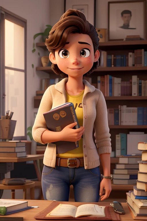 ((mejor calidad)) ((obra maestra)) (mujer joven tomando un libro y al lado un hombre joven con documentos en las manos con un fondo en una biblioteca)
