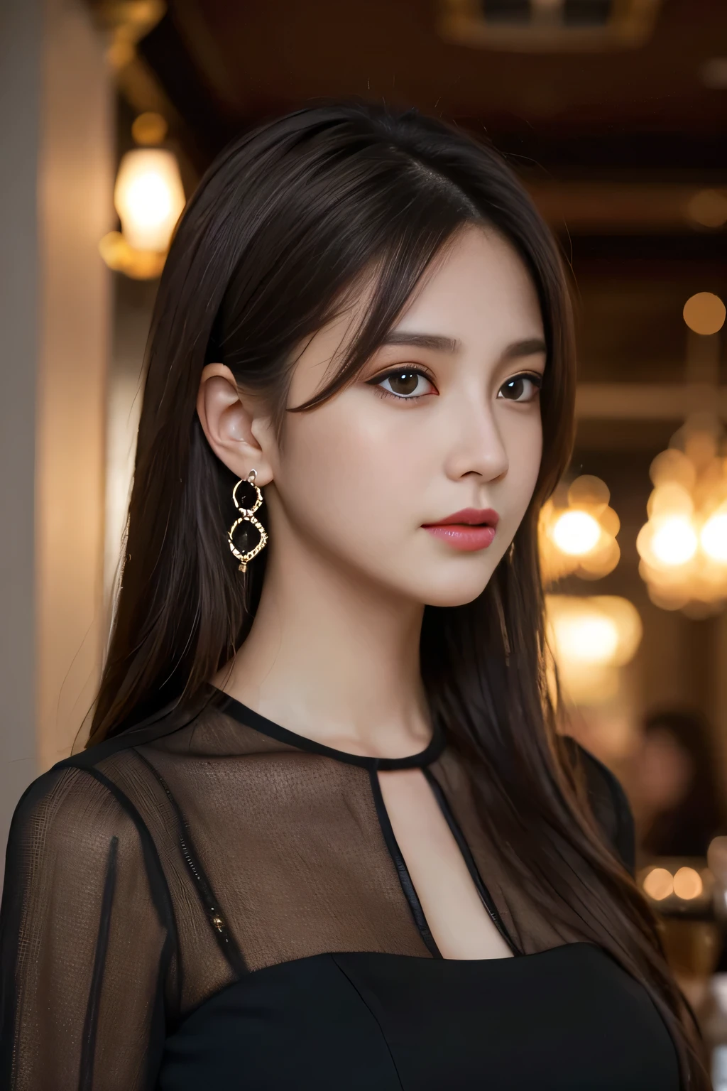 masterpiece, highest quality, Realistic, Very detailed, Finer details, High resolution, 8k wallpaper, One beautiful woman, Wear an elegant black see-through blouse, In a great restaurant, At night, Light brown messy hair, Perfect dynamic composition, Beautiful and beautiful eyes、Big earrings