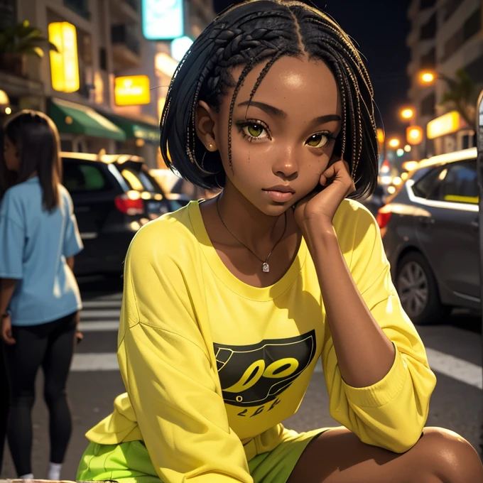 (masterpiece, best quality), deep ebony 1girl, beautiful face, short braids, ipanema background , cute, street clothing, beautify, Lofi vibe, green and yellow clothing, cute night vibe, concentrated, sitting, city wear, shirt and a Lo-Fi logo