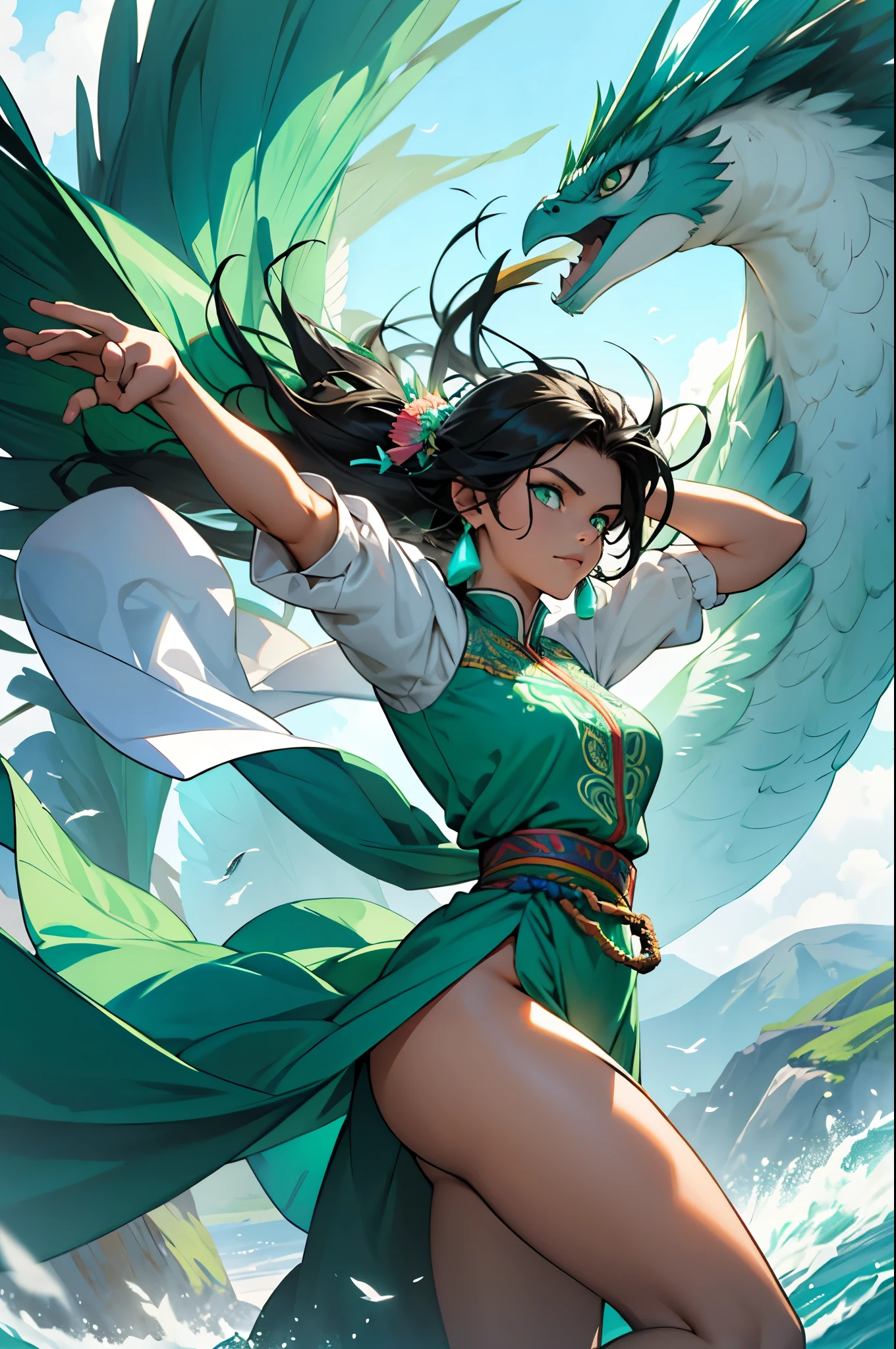 Illustrate Isabel Xochitl (Quetzal) in an action pose. She is commanding the wind around her, with her vibrant embroidered tunic and feather-adorned outfit flowing dynamically. Her deep emerald green eyes are focused and intense, and her long, wavy black hair with green and turquoise feathers moves with the wind. Surround her with a dynamic aura of dancing wind and glowing feathers in green and turquoise to showcase her connection with Quetzalcoatl and her powerful presence.
