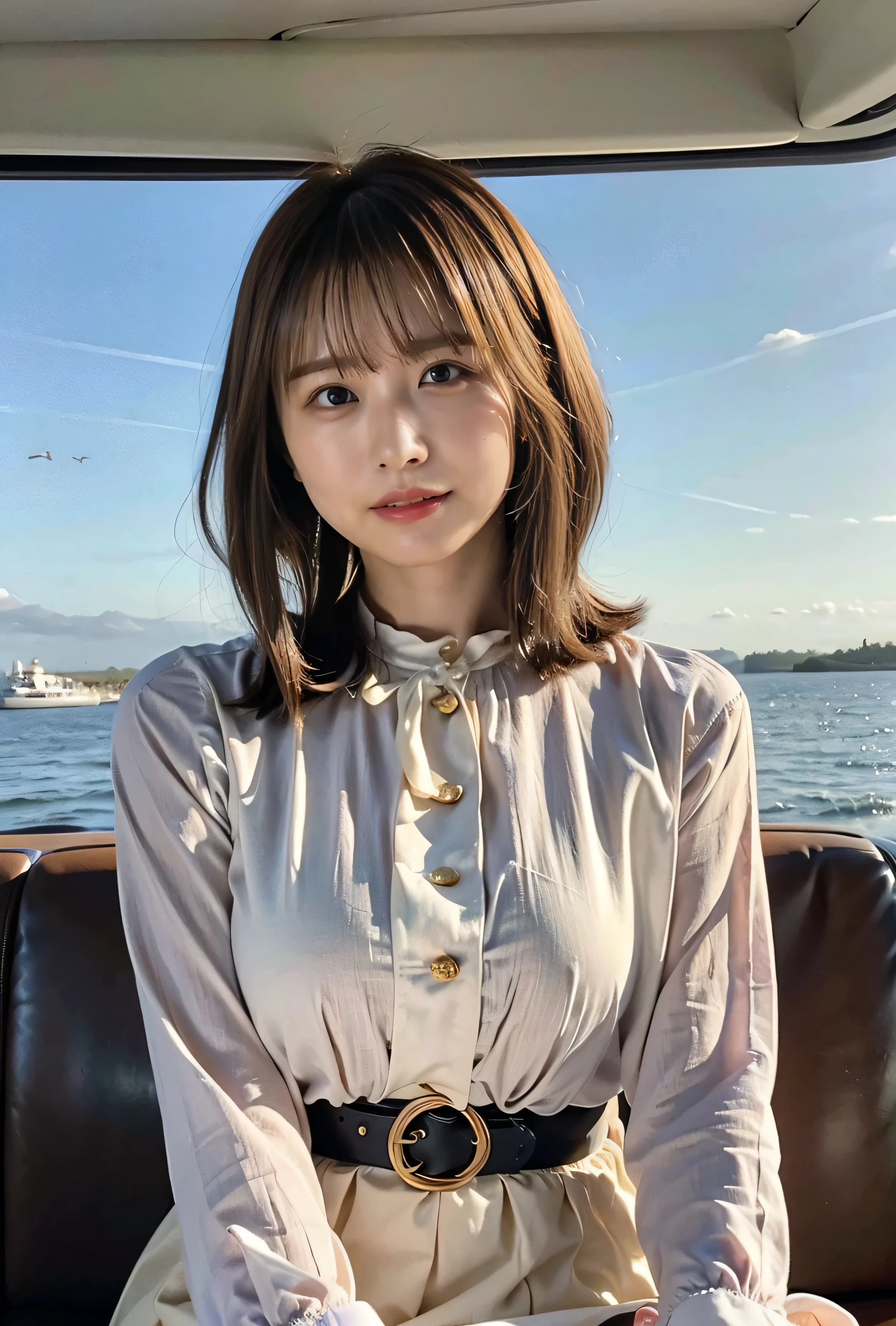 Blue-eyed woman、A woman with a cute upward gaze、When the sky turns dark、The sky turns reddish due to sunset、Tight clothing that shows your body line、The collar of his shirt is open obscenely、Gorgeous white collared silk shirt and brown skirt、Luxurious genuine leather belt、Dress elegantly着こなす、Luxury Bags、、((short hair:1.4))、Skyscrapers seen across the sea、Manhattan Island is visible offshore、A woman on a pleasure boat、Side Ponytail、The sun shines on her、No sleeve、Light brown hair、Light brown hair、The sky was dyed red、There are clouds、It's cute、A woman in elegant clothing is sitting on a boat and watching the sunset、Her huge breasts are obvious even through her clothes.、The shining sun is so beautiful、Dusk is coming、Lens flare、I can see the sun setting、((Sunlight reflecting off the ocean、Ocean View、The sun shines on the sea、'beautiful.、Small earrings、It'evening、Birds are also flying、、Brown Hair Color、Tie your hair、The woman is on the right:1.4))、Luxury Leather Belts、Shiny clothes、Light beige hair color、Background Blur、Braid only the front hair、Light brown hair、{{Cowgirl Shot}}、((Close-up shot from the waist up、Big Breasts:1.4))、Big Breasts、Smile、Silk clothing、Big Breasts that can be seen even through clothes、Braid only the front hair、Cowboy Shot、Gorgeous white collared silk shirt and brown skirt、Dress elegantly、Luxury Bags、A lovely smile、((airplane in the background、I'Coming to the airport))、Full body photo、ring、Short skirt、Tuck your hair behind one ear、Silver Necklace、smile、 Elegant ponytail、Caustics、Highly detailed photos、Very beautiful and ideal short hair、Big Breasts、Super no makeup、(8k、RAW Photos、highest quality、masterpiece:1.2)、(Realistic、Realistic)、1 girl、((Big Breastsshort hair、Looking into the camera:1.4))、Hair blowing in the wind