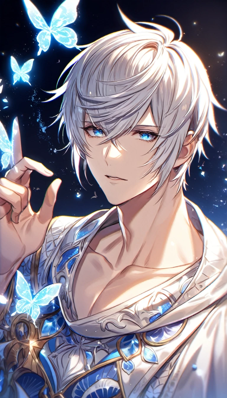 absurdres, highres, ultra detailed, HDR, master piece, best quality, Lucilius, white hair, expressive blue eyes, granblue fantasy, solo, sexy man, handsome, white tunic, patterns, magical, fantasy, blue background, blue lotus, shining, blue petals, blue sparkling butterflies