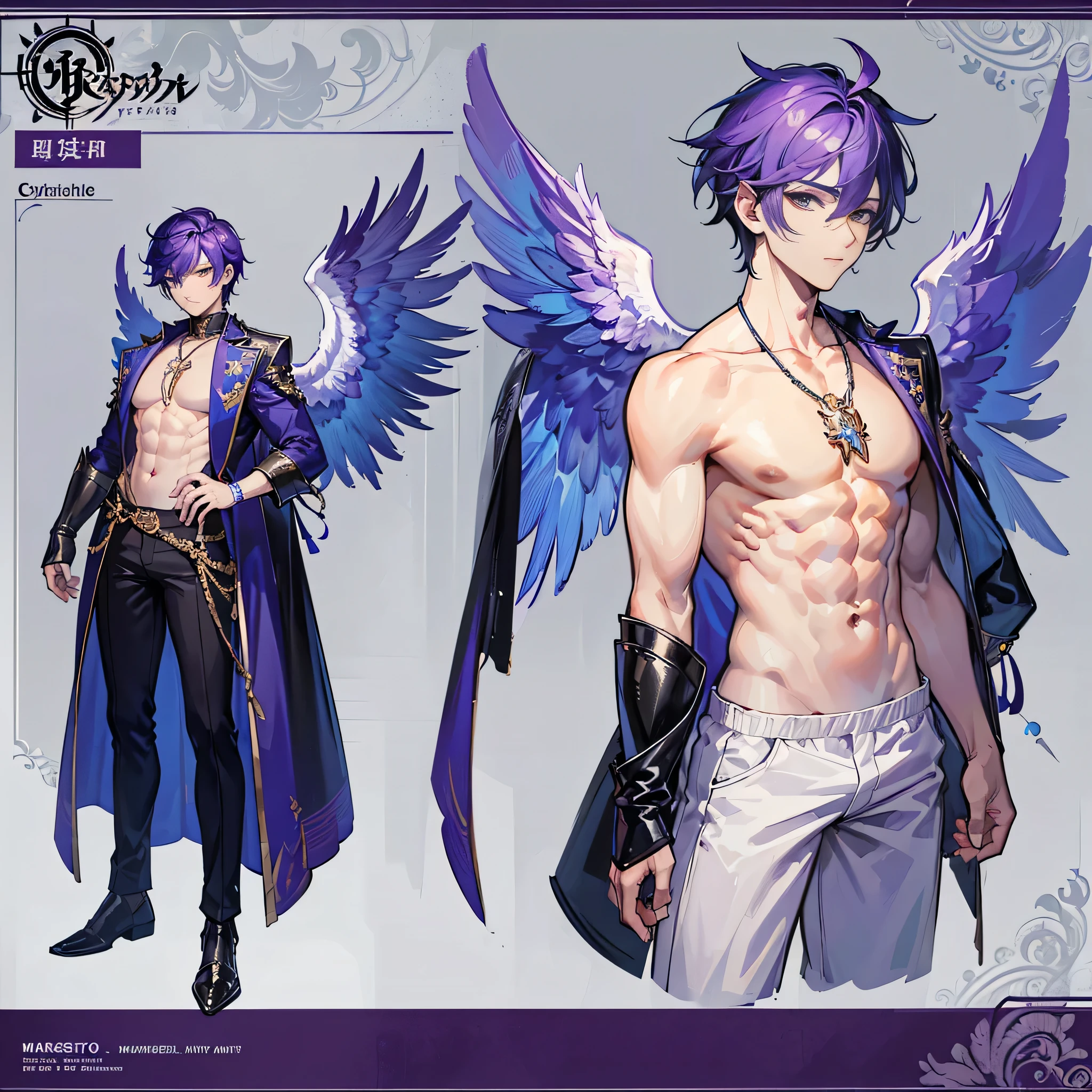 ((Masterpiece, Highest quality)), (Masterpiece, best quality), detailed, 1boy, ((character concept art)), ((character design sheet, same character, front, side, back)),1 Male, 1boy, man, Detailed face, character design sheet,full bodyesbian, Highly detailed, character sheet, character design, Many parts, dark skin, angel wings, short purple hair, angel outfit, masculine, male muscle, manly men, manly boy, male angel, manly angel, Muscle boy with purple short hair,handsome man, male angel , man tall, abs, pectoral muscle