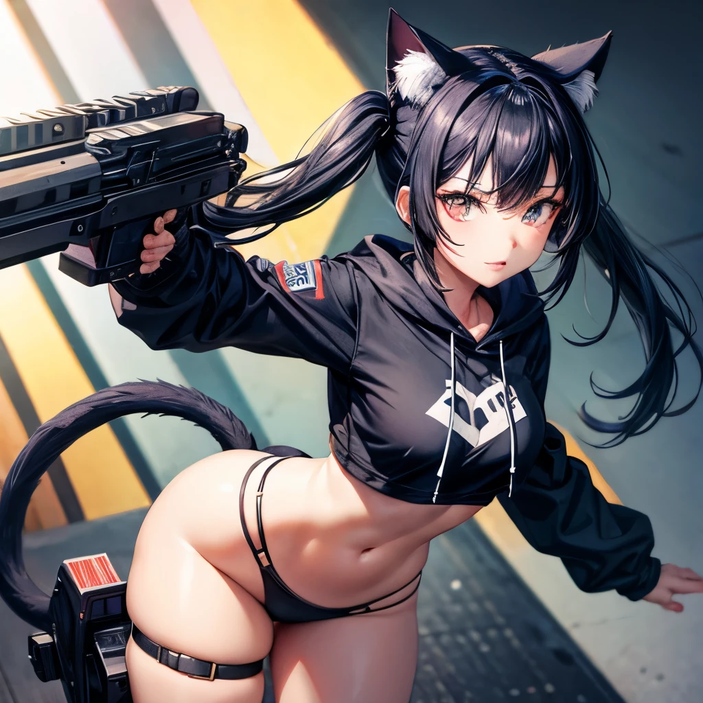 Dark blue hair girl, Cat ears and tail, Wearing a black bikini and racing shorts　Loli body type　　Twin tails　　　　Flat Chest　Wearing a hoodie　Butt details　Have a Gatling gun　Eyes like the sun