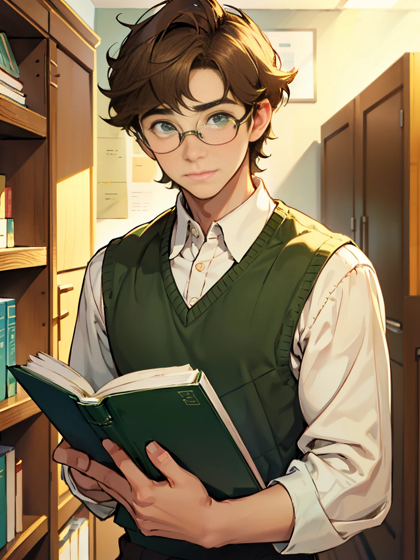 Cute, nerdy boy, brown hair, delicate face, beautiful face, shy expression and flushed cheeks, green eyes, delicate mouth, strong body. He's wearing round glasses, nerdy clothes, holding books. Scene, teenager's room