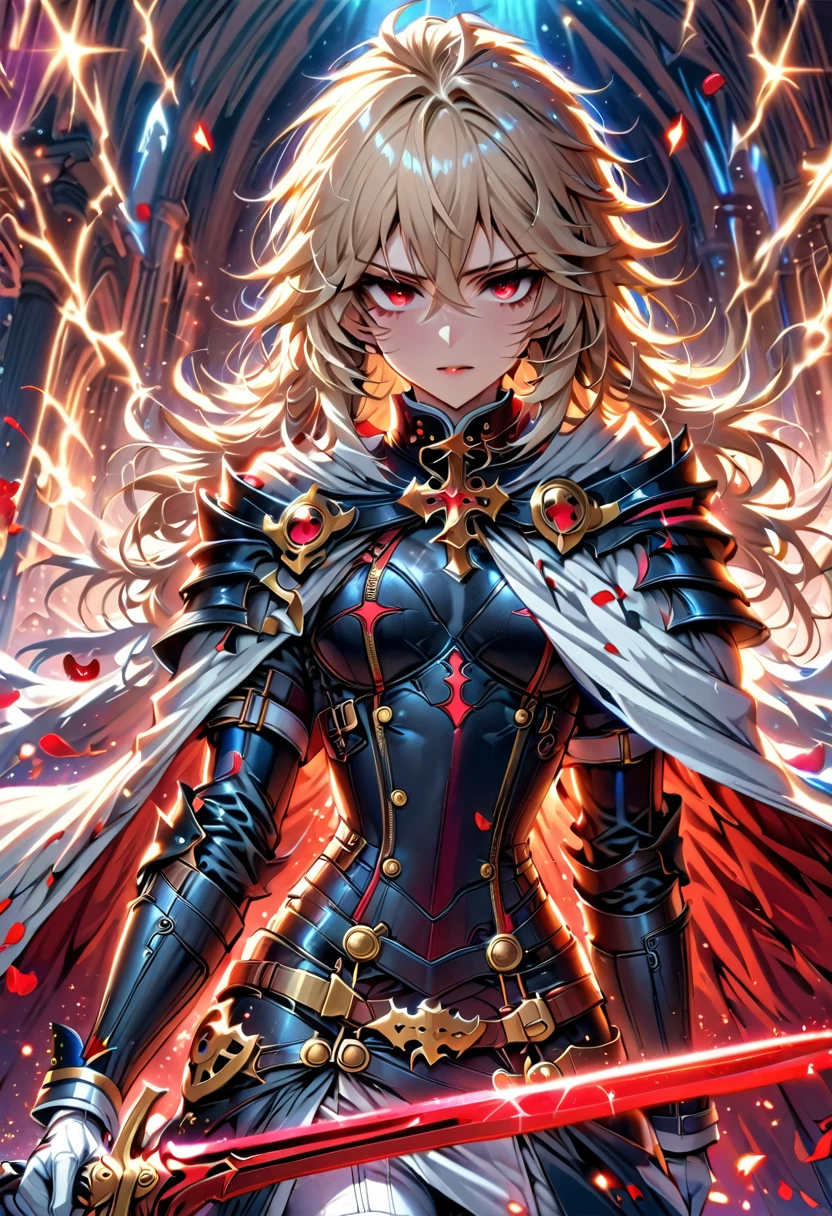 Ultra detailed, HDR, Highres, absurdres, master piece, Mika Hyakuya, wavy blond hair, expressive red eyes, white cape, Owari No Seraph, white vampire clothes, red glittering butterflies, petals, fantasy, red roses, sexy man, solo, extremely detailed face and eyes, handsome, glittering, white gloves, red background, red flames, cross, vampire, white clothes, white pants, grabbing a red sword,