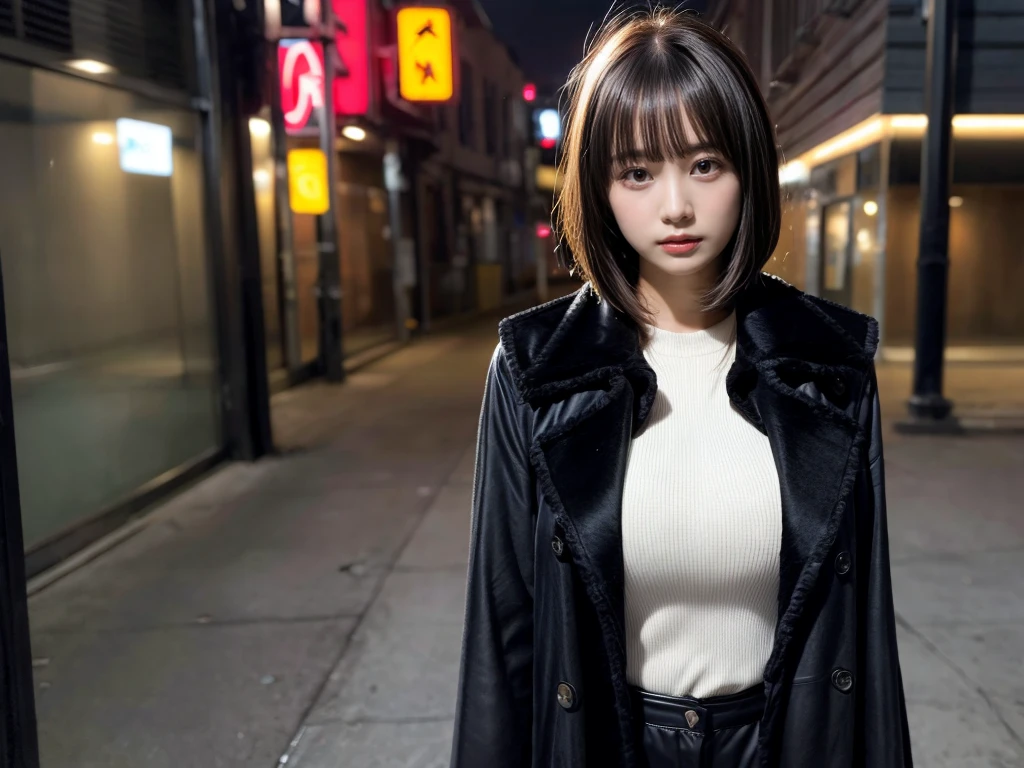 With bangs,Beautiful black hair,Woman with straight medium bob cut,huge breasts,,21-year-old female,(((No hat))),Aspacarina,((Shy expression)),huge breasts,,Very beautiful eyes, ,(((Wearing a tattered black coat))),,(make:1.4),Big eyes,Hip Hop Dancer,Gangster style long pants,8k,High resolution,Gangster style,(head shot:1.5)