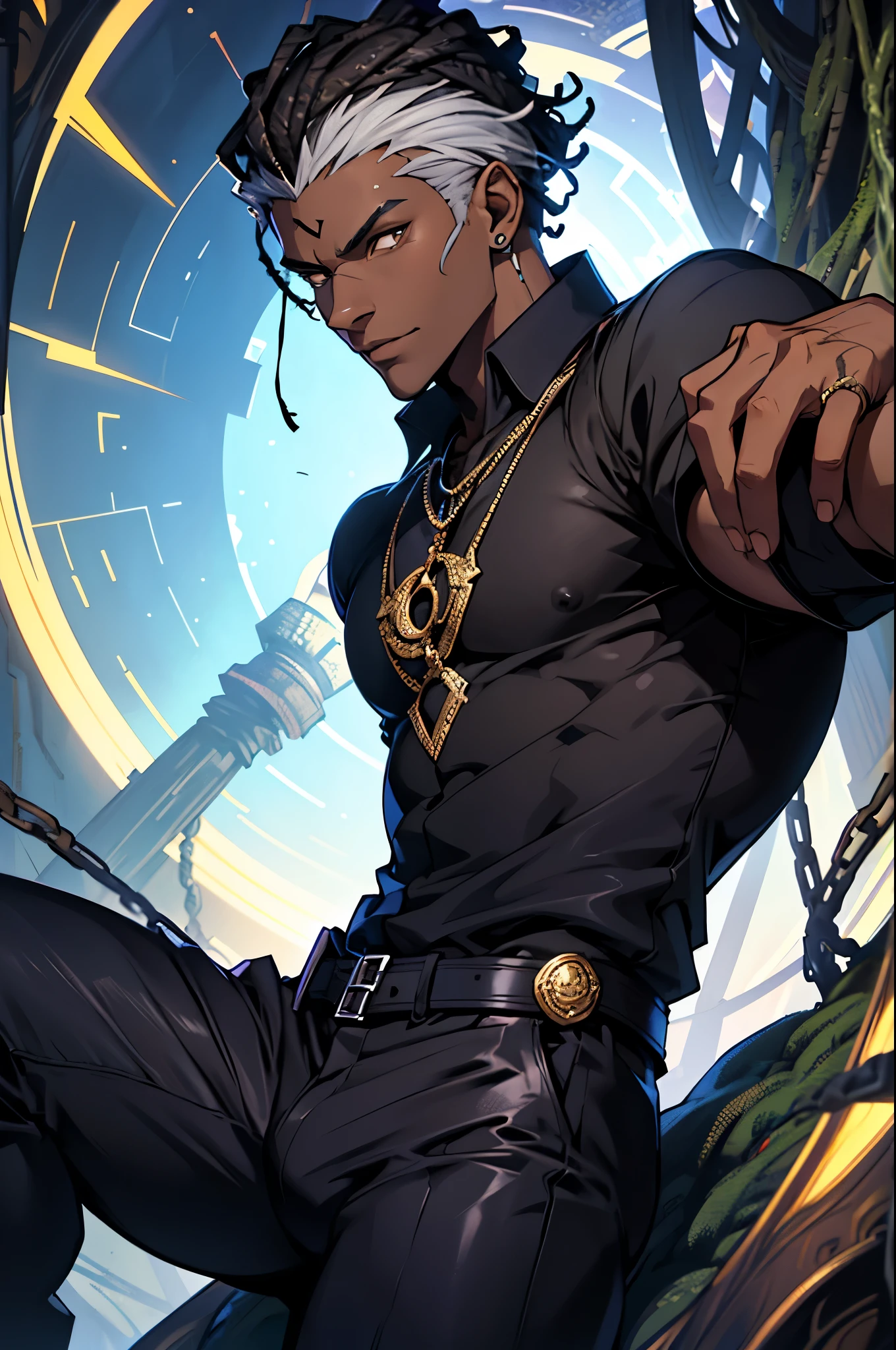 Create a high-fantasy character portrait of Kwame Osei (Anansi), a cunning member of the Brotherhood of Shadows. He has an angular, expressive face with prominent cheekbones and a defined jawline. His rich ebony skin complements his marked and character-filled features. His deep dark brown eyes are filled with intelligence and mischief, with an astute and penetrating gaze. His short, curly hair is styled neatly, sometimes adorned with small web-shaped decorations. Kwame is slender and agile, with defined muscles and a relaxed yet alert posture. He wears light, functional clothing: a black linen shirt with silver web designs and fitted leather pants, designed for agility and stealth. He is surrounded by an aura of shifting shadows and intricate webs with a dark and silvery glow.