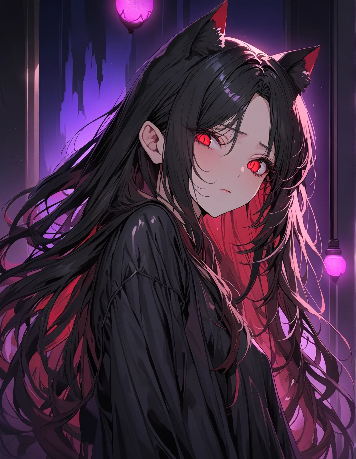 ((Highest Quality, Masterpiece, Ultra High Definition, High Resolution)), ((Ultra-detailed Illustrations:1.2)), 1 Girl, Solo, Anime Style, Upper Body, Beautiful Hair, Parted Bangs, Long Hair, Black Hair, Beautiful Eyes, Red Eyes, Slit Eyes, Cat Pupils, Looking at Viewer, Pointed Ears, Closed Mouth, Medium Chest, Black Clothes, Shiny Skin, Dark Aura, Night Light