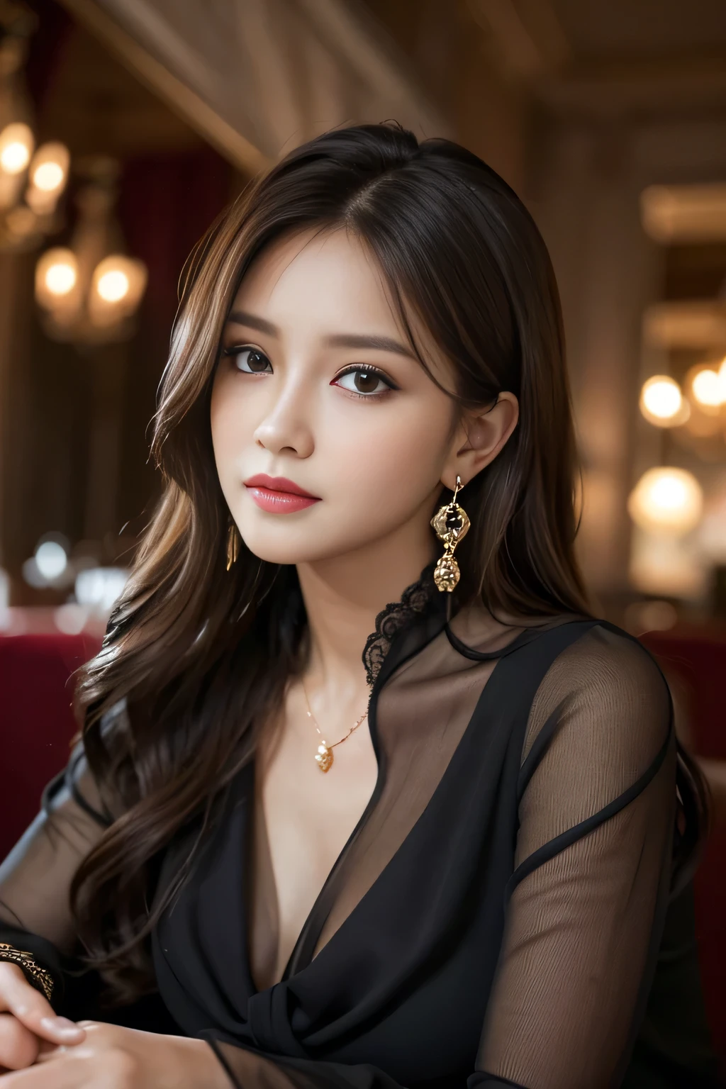 masterpiece, highest quality, Realistic, Very detailed, Finer details, High resolution, 8k wallpaper, One beautiful woman, Wear an elegant black see-through blouse, In a great restaurant, At night, Light brown messy hair, Perfect dynamic composition, Beautiful and beautiful eyes、Big earrings