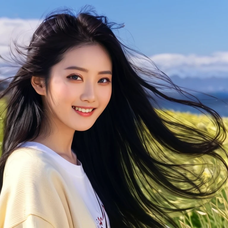 photograph, 8k, high quality, リアルなphotograph画像, 20-year-old, Japanese women, Neat, Beautiful Landscape,The wind is blowing, Natural and realistic eyes, Beautiful black hair, Long Hair, light makeup, Octane Rendering, Beautiful lighting, Golden ratio composition, smile,Spring-like fashion, Casual clothing,