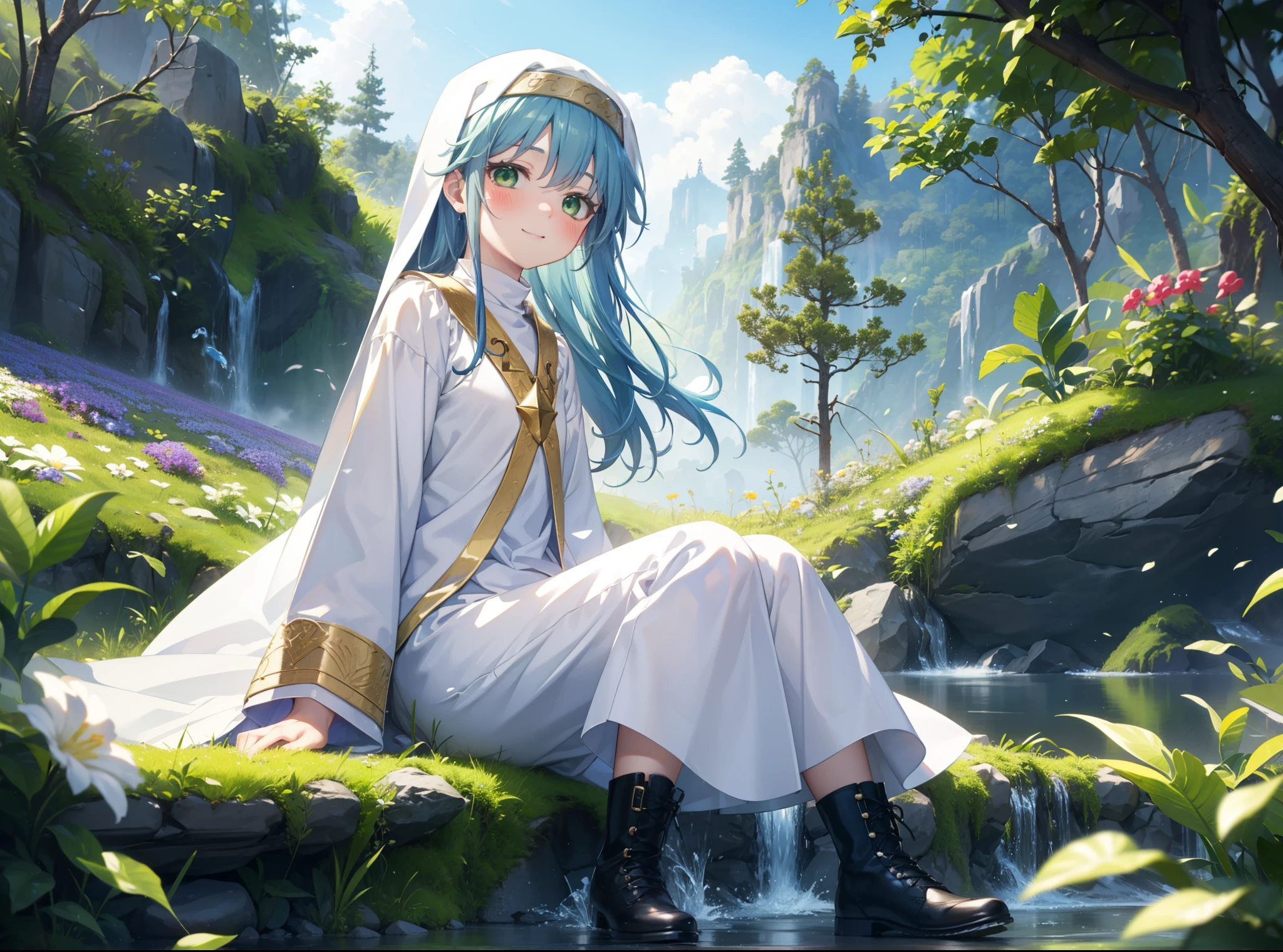 index, index, (Green Eyes:1.5), Blue Hair, Long Hair, (Flat Chest:1.2),
break habit, Long sleeve, Nuns,Wide sleeves,short boots,blush,happy smile, smile,corolla,whole bodyがイラストに入るように,Sitting,Looking up from below,
break looking at viewer, whole body,
break outdoors, nature,Flower Field,Large Lake,
break (masterpiece:1.2), highest quality, High resolution, unity 8k wallpaper, (shape:0.8), (Beautiful details:1.6), Highly detailed face, Perfect lighting, Highly detailed CG, (Perfect hands, Perfect Anatomy),