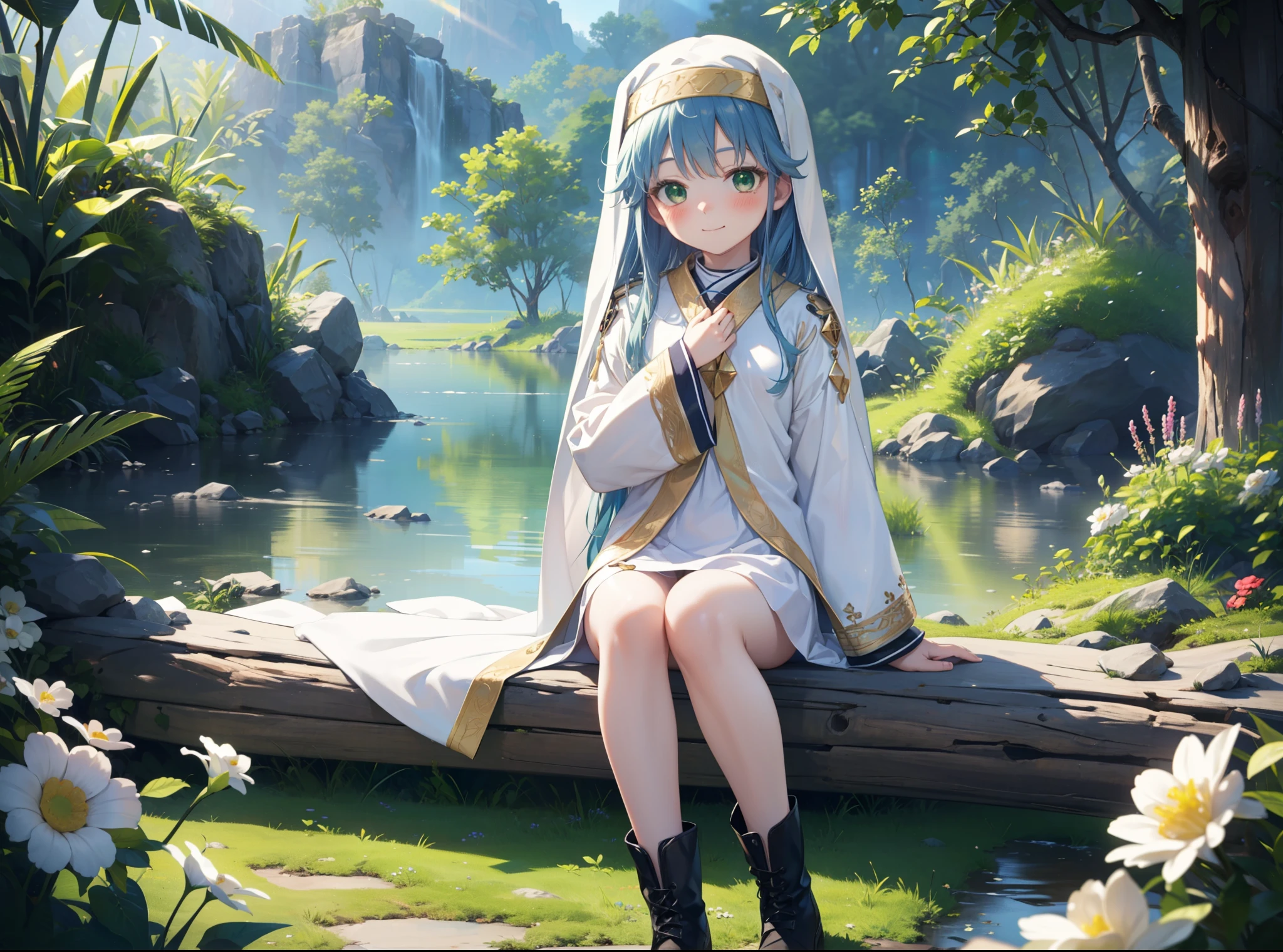 index, index, (Green Eyes:1.5), Blue Hair, Long Hair, (Flat Chest:1.2),
break habit, Long sleeve, Nuns,Wide sleeves,short boots,blush,happy smile, smile,corolla,whole bodyがイラストに入るように,Sitting,Looking up from below,
break looking at viewer, whole body,
break outdoors, nature,Flower Field,Large Lake,
break (masterpiece:1.2), highest quality, High resolution, unity 8k wallpaper, (shape:0.8), (Beautiful details:1.6), Highly detailed face, Perfect lighting, Highly detailed CG, (Perfect hands, Perfect Anatomy),