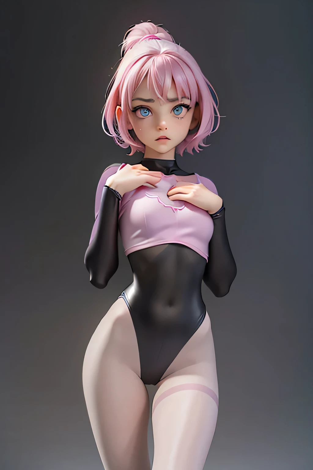 18 year old girl is standing, touching her chest, a photorealistic cute ballerina,  beautiful face, anguished face,blue eys, averting your eyes, European face, Short-cut pink hair, portrait of upper body up to the knee,extra shiny long sleeve leotard,tight-fitting metalic black long sleeve leotard