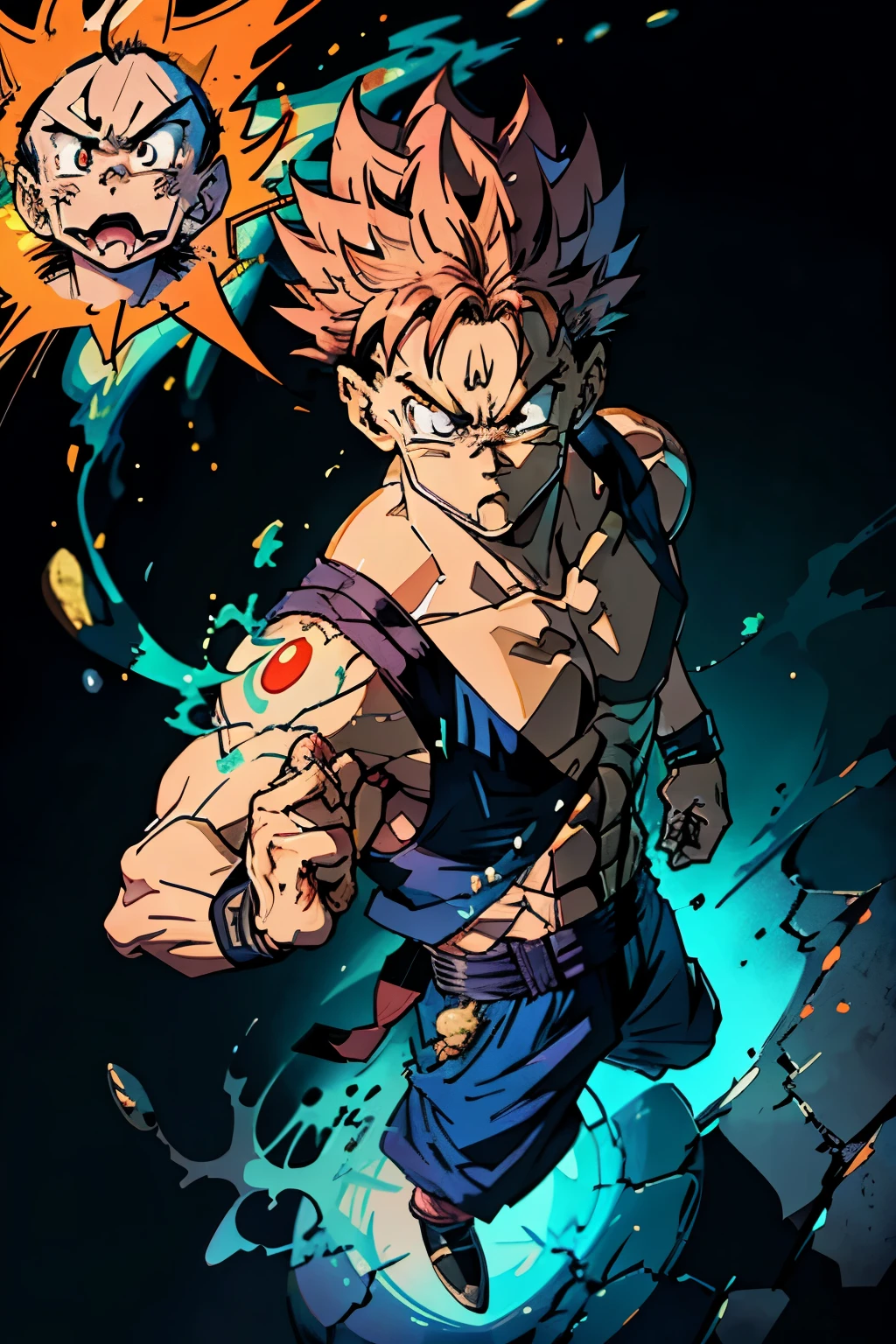 (Masterpiece), (High Quality Screenshot), Angry Goku, (Dragon Ball Z), (Animation Style - MAPPA Jujutsu Kaisen), (Detail Focused Image), (In High Definition), (Dynamic Lighting), (High Quality Shading), (Anime), (Full Body Shot), (Close-Up), (Emotionally Intense), (Anger Written Across Face), (Manga Inspired), (Stylized Realism), (Street Fighter-esque), (Fist Clenched), (Sweat Droplets), (Vibrant Palette), (Dragon Ball Z Logo in Background).