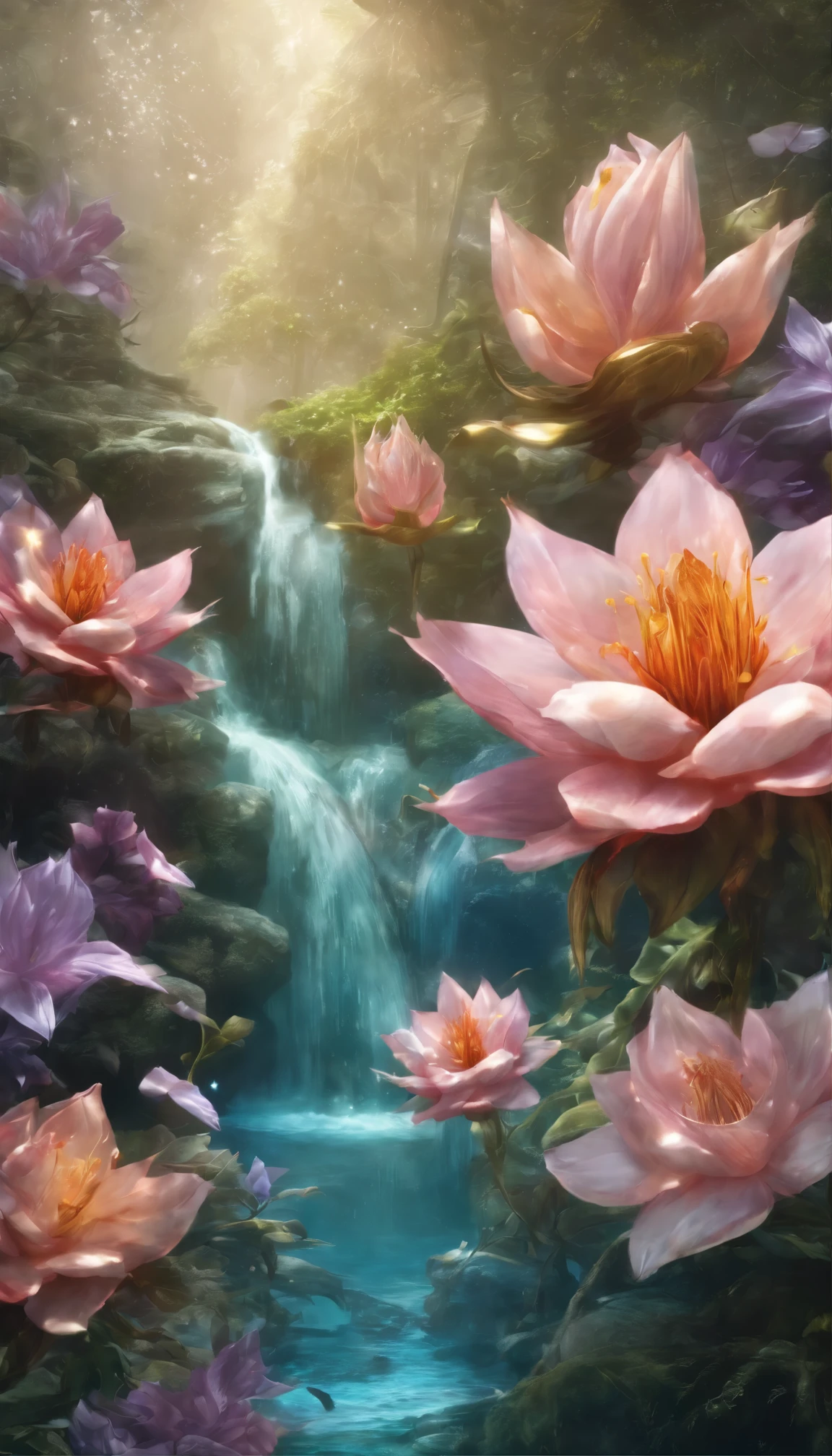 All expressed with jewels, the arrival of spring,waterfall,Cute fairies, fantastic scenery, transparency, angles looking up from below, various jewels falling from the sky, wonderful and beautiful superb view, slightly hazy, fantastic, high resolution, 8K, (best quality, highres, realistic:1.37), shiny metallic flowers, intricate and delicate petals, reflective surfaces, vibrant colors, intricate details, close-up view, surreal garden, surreal beauty, dreamy atmosphere, fine art, abstract botanicals, metallic sculpture, contrasting textures, ethereal glow