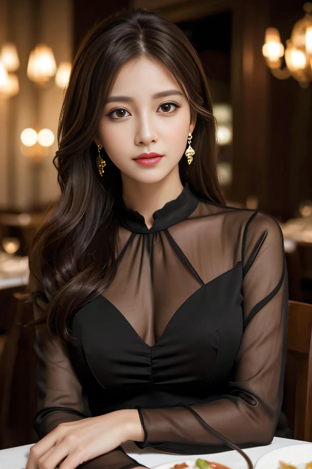 masterpiece, highest quality, Realistic, Very detailed, Finer details, High resolution, 8k wallpaper, One beautiful woman, Wear an elegant black see-through blouse, In a great restaurant, At night, Light brown messy hair, Perfect dynamic composition, Beautiful and beautiful eyes、Big earrings