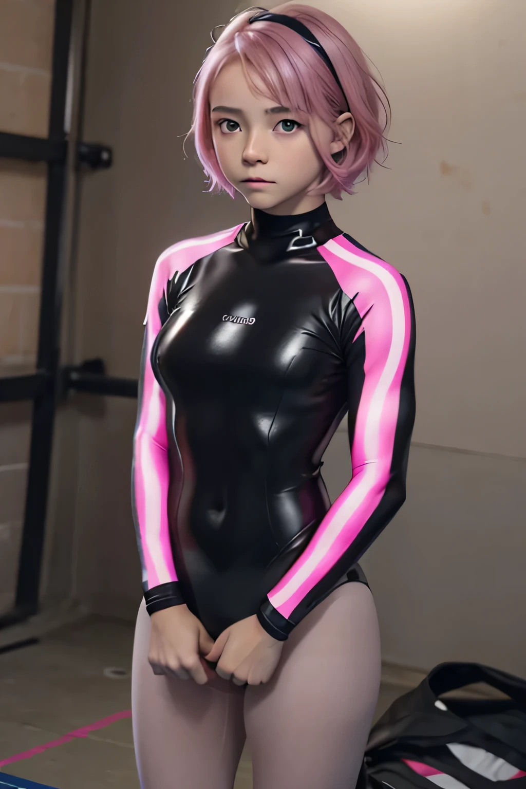 18 year old girl is standing up, a photorealistic cute gymnast brainwashed,  beautiful face, no expression, empty eyes, blue glowing eys, avert your eyes, European face, Short-cut pink hair, portrait of upper body up to the knee,extra shiny long sleeve leotard,tight-fitting metalic black long sleeve leotard