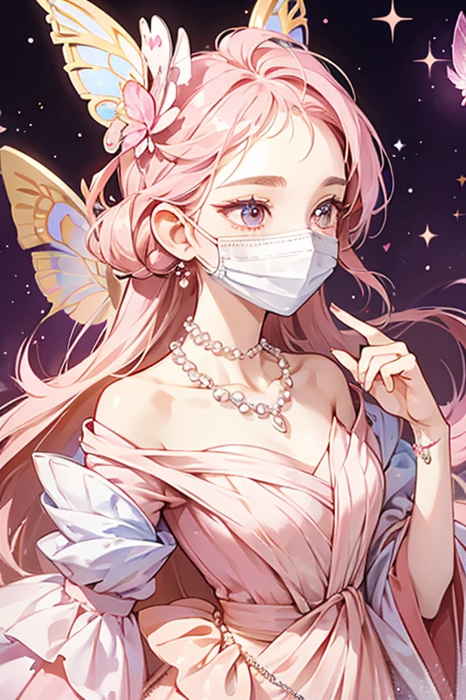 Celebtchi wears a pink butterfly-shaped mask over her face, and a pink pearl necklace. she has a pink tuft of hair on top of her head, and she has pale peach-colored skin. SPARKLE; GLITTER