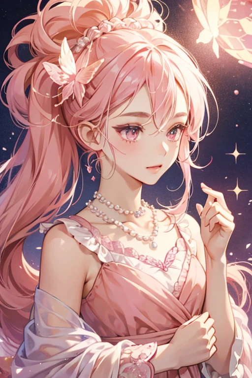 Celebtchi wears a pink butterfly-shaped mask over her face, and a pink pearl necklace. she has a pink tuft of hair on top of her head, and she has pale peach-colored skin. SPARKLE; GLITTER