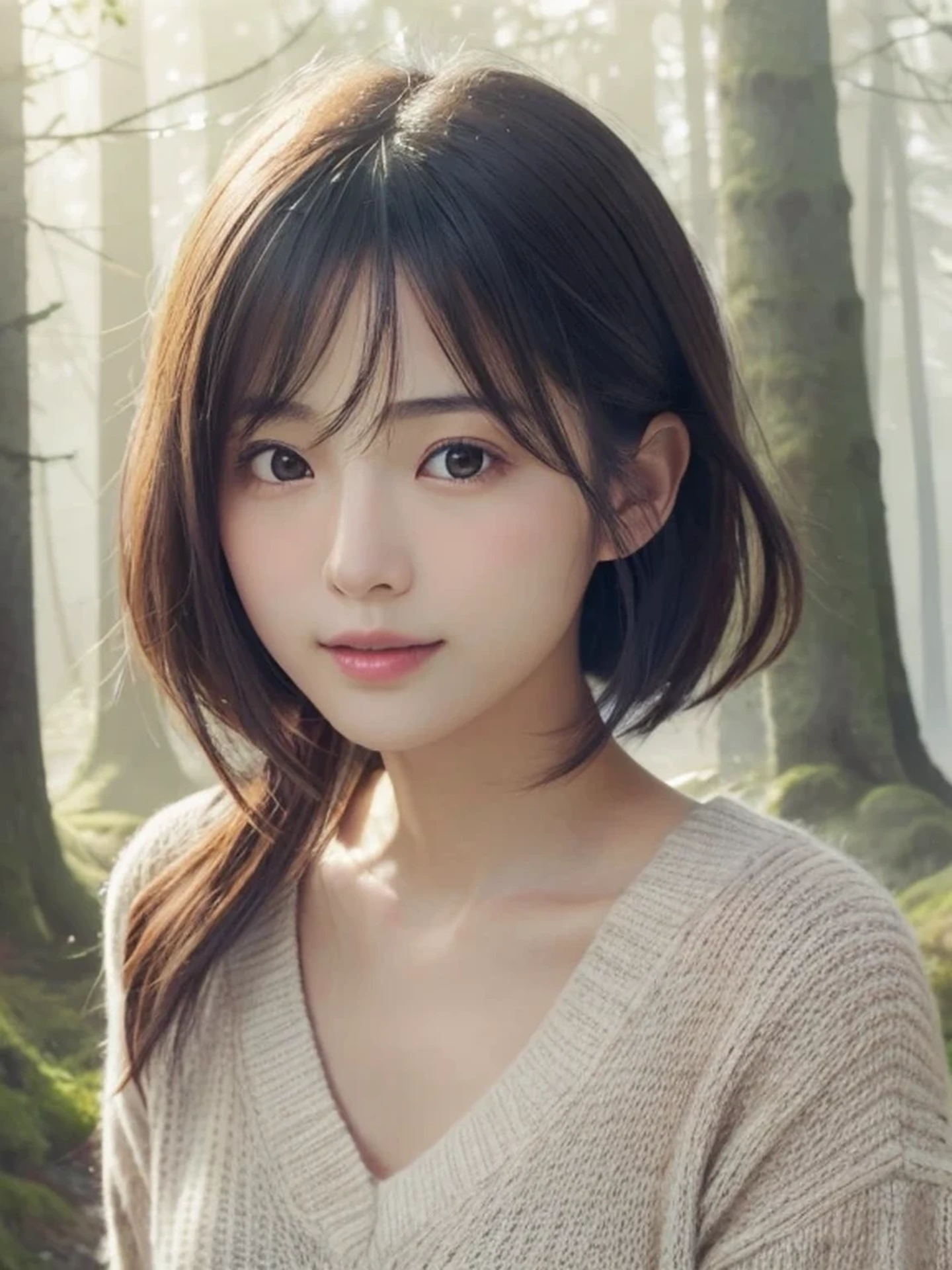 Beautiful Japanese girl, sad, open mouth to say something, shy, Soft skin and a nice perfect face, A small face with a nose and rosy lips, Beautiful Eyes, Beautiful smile. Surrounded by a bright, ethereal glow, bob hair, sweater, Hyperrealistic female photos, High quality high resolution 8K masterpiece, The morning sunlight shines through the misty forest path,
