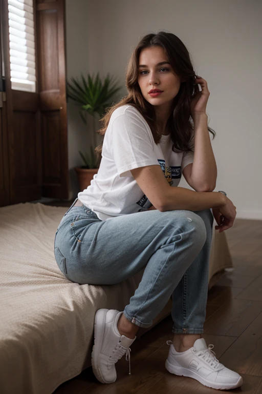 Photo of Beautiful 24 years old.Kathryn McClellan, cabello rojo de longitud media, bellos ojos, ojos detallados, piel palida, Pecho imponente, curvas, Mujer con hermosas curvas, luciendo confiado, casual, interior, con aire de superioridad, (pecas al azar:0.2), Camiseta gris, vaqueros, escote, Sinuoso modelando unos tenis