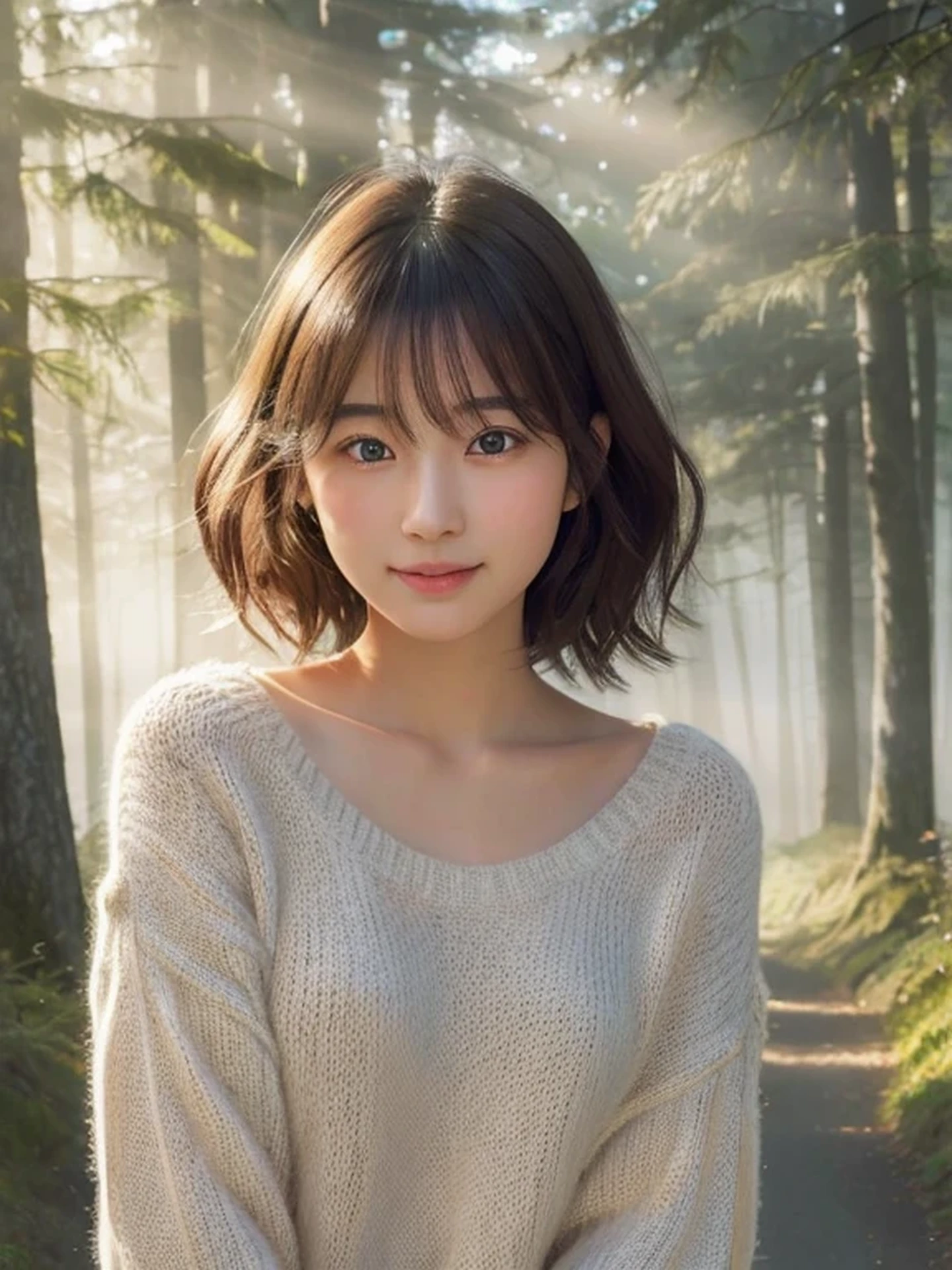 Beautiful Japanese girl, sad, open mouth to say something, shy, Soft skin and a nice perfect face, A small face with a nose and rosy lips, Beautiful Eyes, Beautiful smile. Surrounded by a bright, ethereal glow, bob hair, sweater, Hyperrealistic female photos, High quality high resolution 8K masterpiece, The morning sunlight shines through the misty forest path,