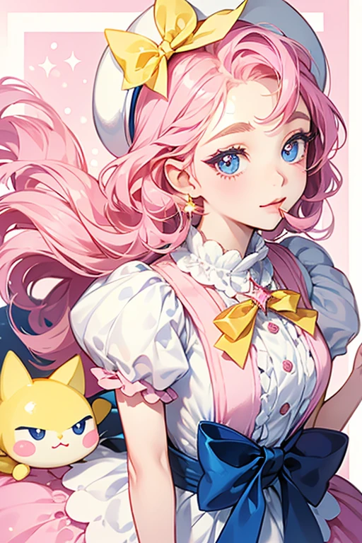 Chamametchi has pale cream skin, navy blue eyes with curled eyelashes, pink cheeks, and a curvy mouth like a cat's. She wears a pink mame cap with a yellow bow, white bottoms, and a pink shirt similar to a petticoat. SPARKLE; GLITTER