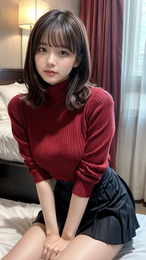 masterpiece, best quality, illustration, Super detailed, fine details, High resolution, 8K,wall paper, perfect dynamic composition,(Details High quality, realistic depiction of eyes:1.3), Tight turtleneck pink sweater, pleated skirt, short bob hair、black hair color, Big Natural Color Lip, bold sexy pose, crying a little、cold gaze, Harajuku style、acrobatic pose, 20 year old girl、cute type、lolita、beautiful legs, hotel room, gravure idol, Voluptuous thighs, huge breasts