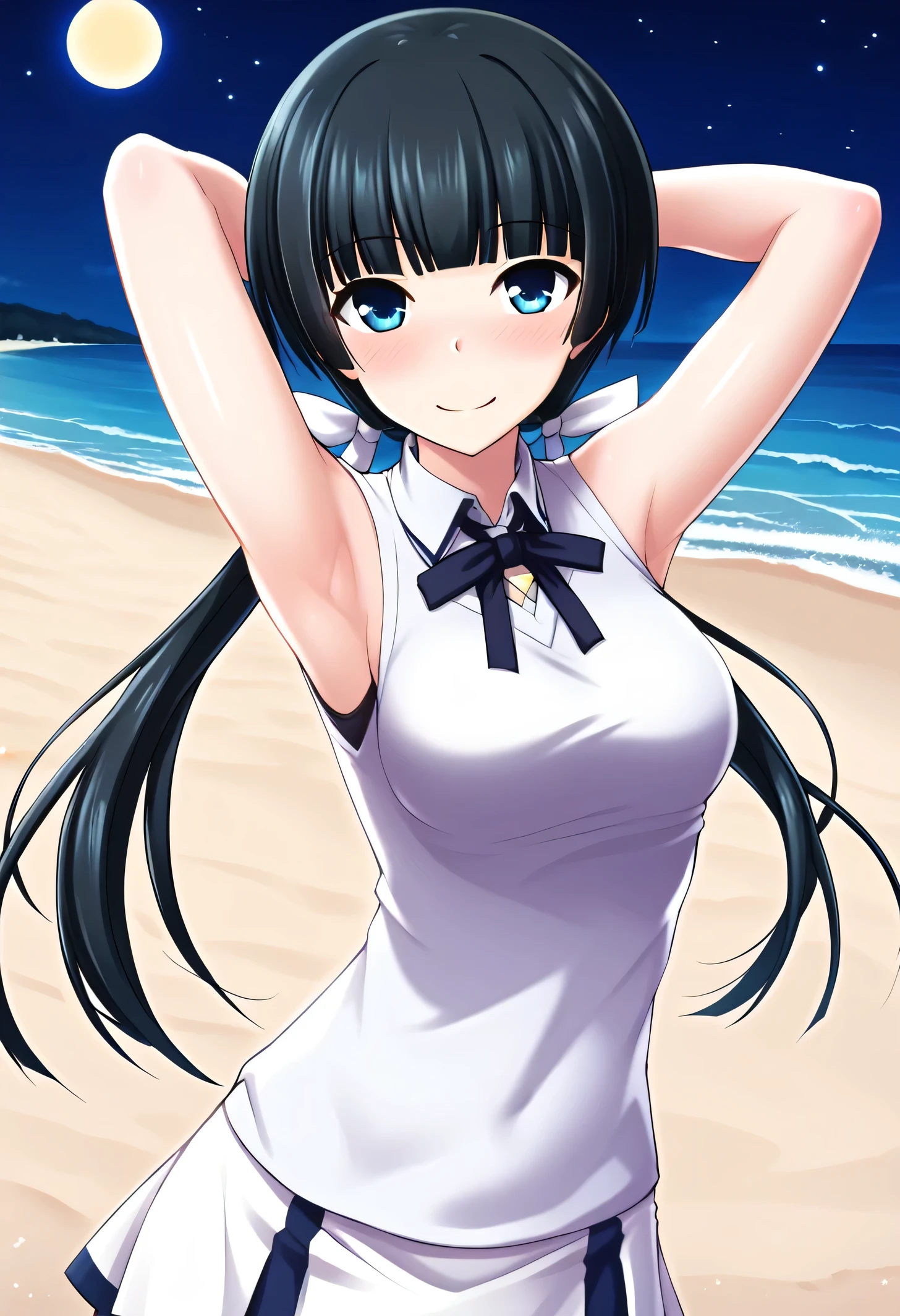 Mayuzumi Yukie, black hair, blunt bangs, long hair, low twintails, blue eyes , short sleeves, white sweater vest, white shirt, white skirt, neck ribbon, black ribbon, high quality, solo, night sky, beach, arms behind head, contrapposto, closed mouth, spread armpits, (cowboy shot:1.5), looking at viewer, shy, light smile, best quality, blushing,