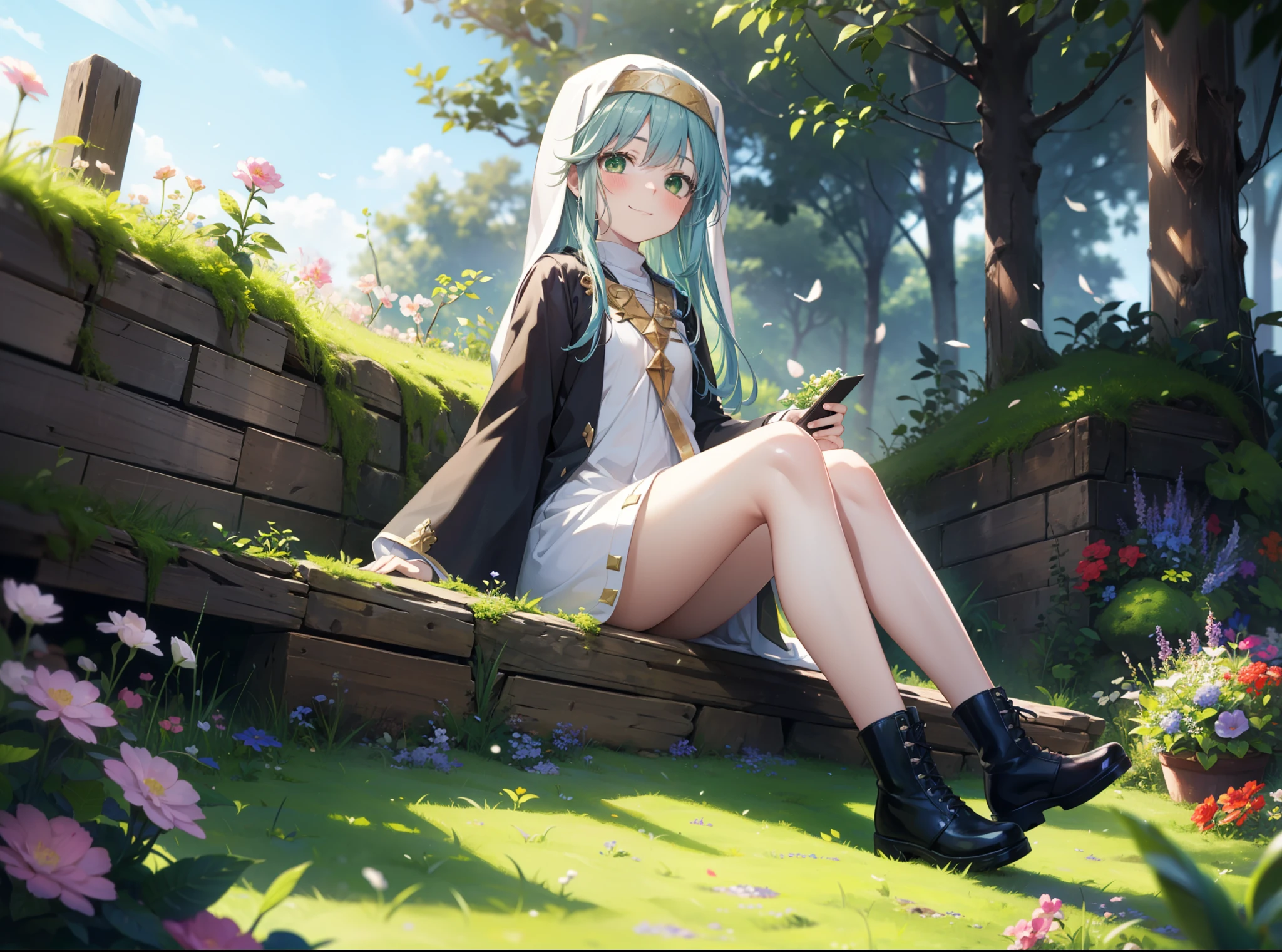 index, index, (Green Eyes:1.5), Blue Hair, Long Hair, (Flat Chest:1.2),
break habit, Long sleeve, Nuns,Wide sleeves,short boots,blush,happy smile, smile,corolla,whole bodyがイラストに入るように,Sitting,Looking up from below,
break looking at viewer, whole body,
break outdoors, nature,Flower Field,Large Lake,
break (masterpiece:1.2), highest quality, High resolution, unity 8k wallpaper, (shape:0.8), (Beautiful details:1.6), Highly detailed face, Perfect lighting, Highly detailed CG, (Perfect hands, Perfect Anatomy),