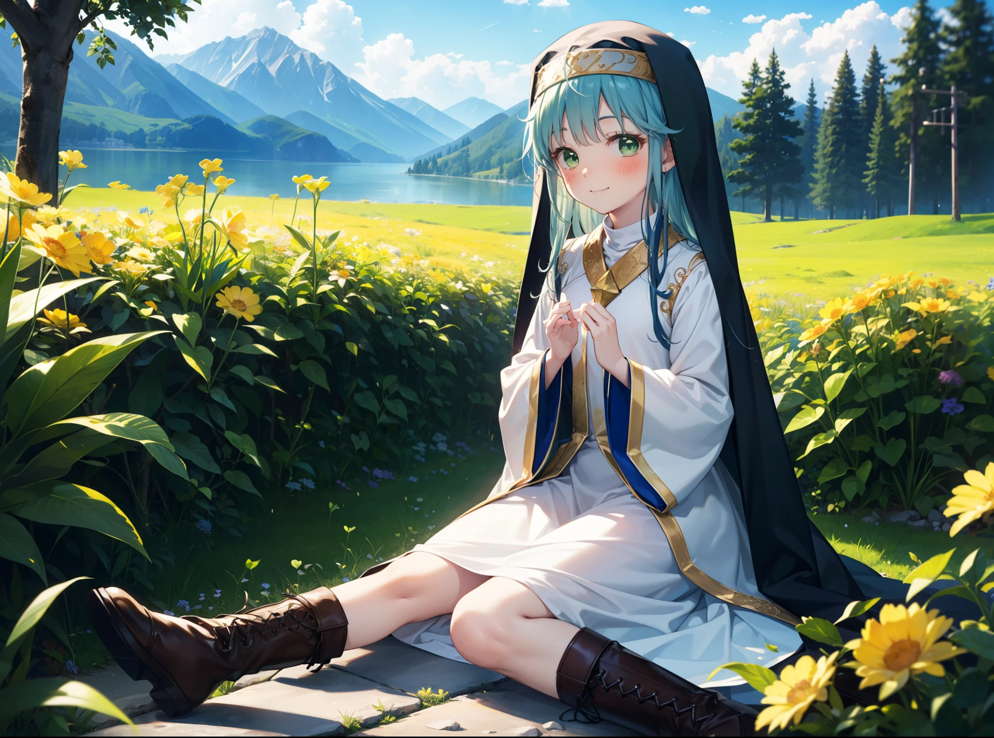 index, index, (Green Eyes:1.5), Blue Hair, Long Hair, (Flat Chest:1.2),
break habit, Long sleeve, Nuns,Wide sleeves,short boots,blush,happy smile, smile,corolla,whole bodyがイラストに入るように,Sitting,Looking up from below,
break looking at viewer, whole body,
break outdoors, nature,Flower Field,Large Lake,
break (masterpiece:1.2), highest quality, High resolution, unity 8k wallpaper, (shape:0.8), (Beautiful details:1.6), Highly detailed face, Perfect lighting, Highly detailed CG, (Perfect hands, Perfect Anatomy),