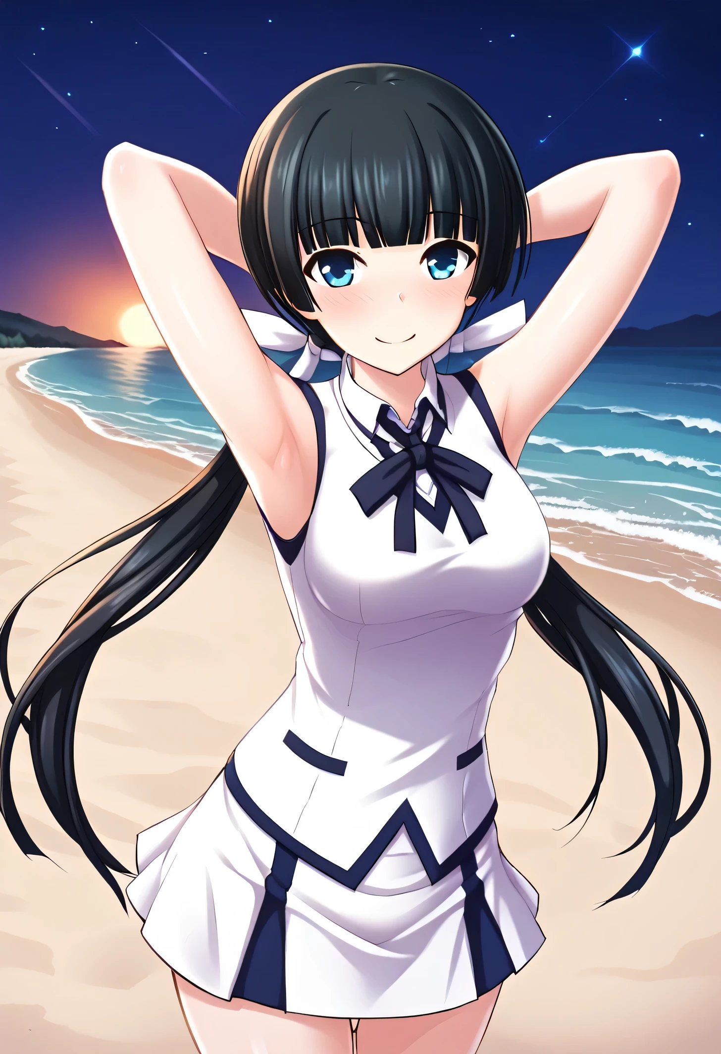 Mayuzumi Yukie, black hair, blunt bangs, long hair, low twintails, blue eyes , short sleeves, white sweater vest, white shirt, white skirt, neck ribbon, black ribbon, high quality, solo, night sky, beach, arms behind head, contrapposto, closed mouth, spread armpits, (cowboy shot:1.5), looking at viewer, shy, light smile, best quality, blushing,