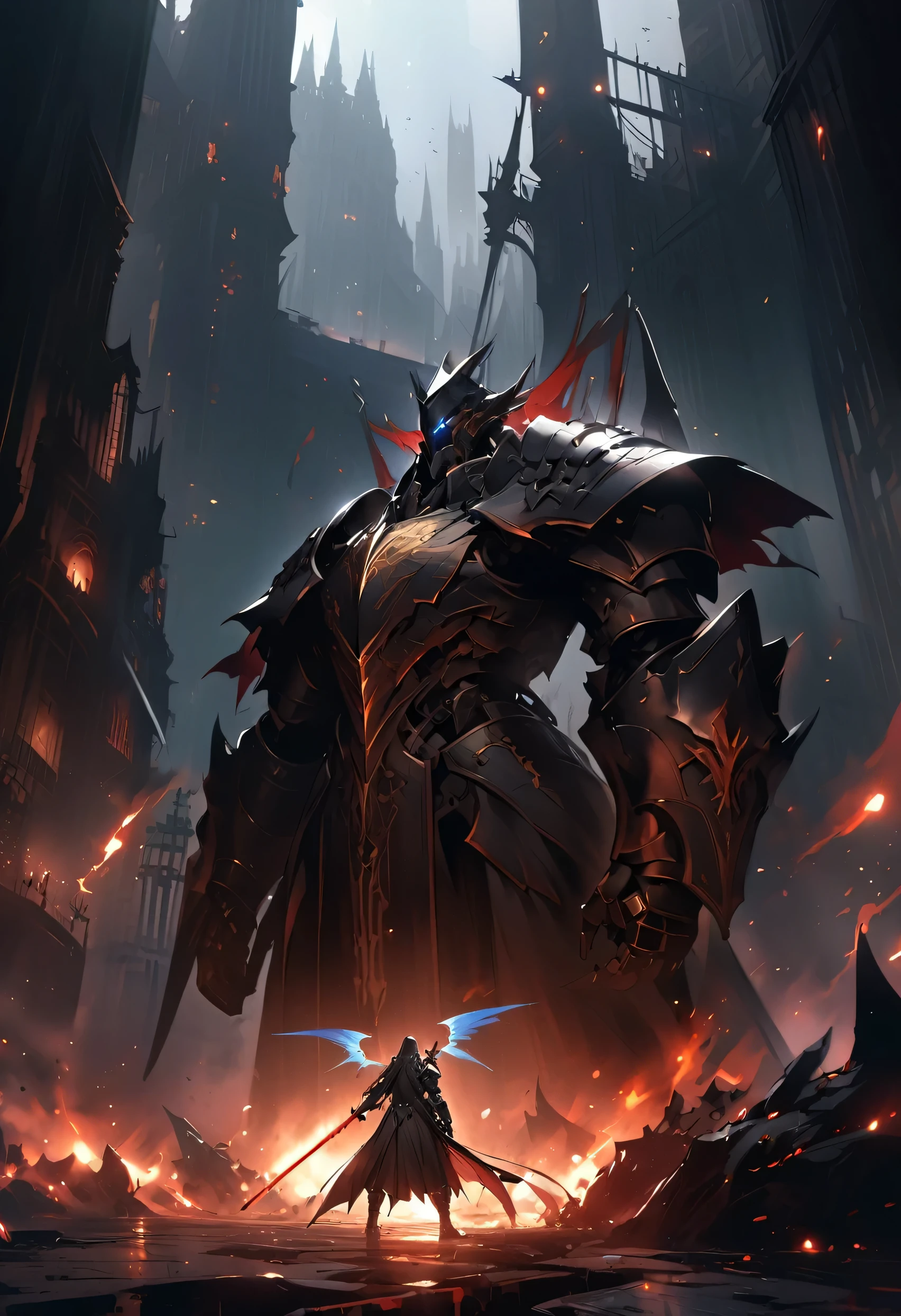 Looks holy looking monster angel，His entire body consists of a huge one-eyed eye，and metal rings around one-eyed eyes，The ring is crawling with eyeballs，Dragons have many wings on the white holy angel, anime character with sword standing in front of a building, fallen knight, from arknights, gothic knight, evil knight, the style of wlop, fantasy knight, knight, royal emperor, dark souls knight, off-white plated armor, wearing heavy armor with cape, black heavy armor with gold trim, smooth anime cg art, artorias, glowing sword, (perfect figure)