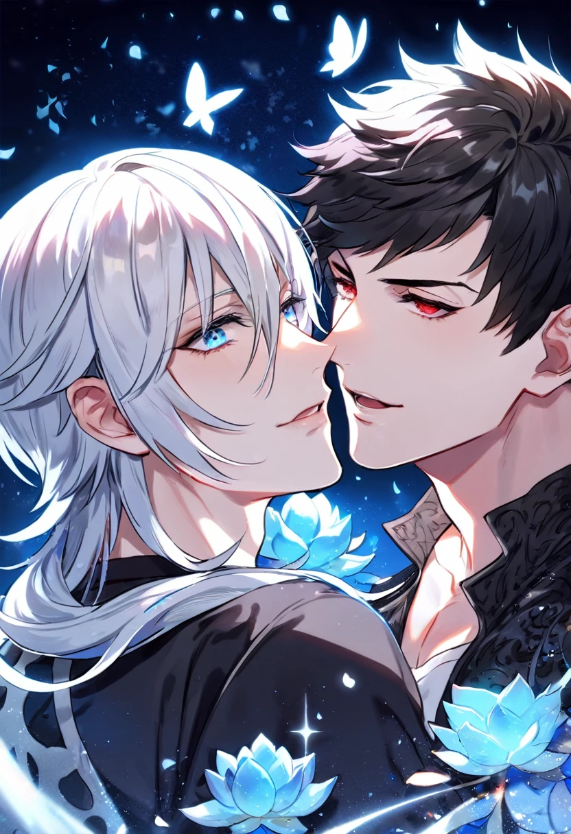 absurdres, highres, ultra detailed, HDR, master piece, best quality, Lucilius, white hair, expressive blue eyes, granblue fantasy, Belial, black hair, expressive red eyes, two men together, gay couple, yaoi, handsome, white tunic, black coat, patterns, magical, fantasy, blue background, blue lotus, shining, blue petals, blue sparkling butterflies