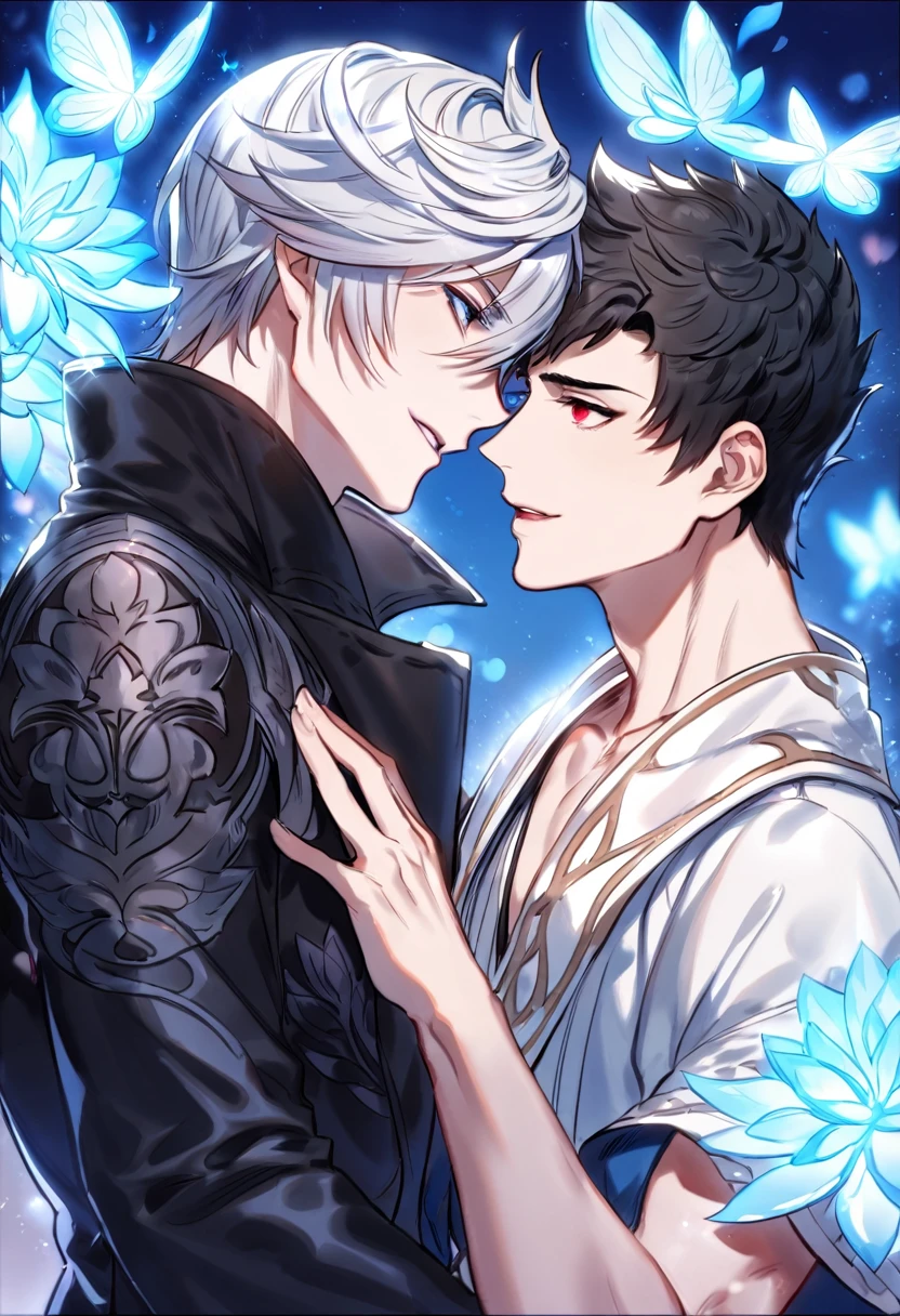 absurdres, highres, ultra detailed, HDR, master piece, best quality, Lucilius, white hair, expressive blue eyes, granblue fantasy, Belial, black hair, expressive red eyes, two men together, gay couple, yaoi, handsome, white tunic, black coat, patterns, magical, fantasy, blue background, blue lotus, shining, blue petals, blue sparkling butterflies