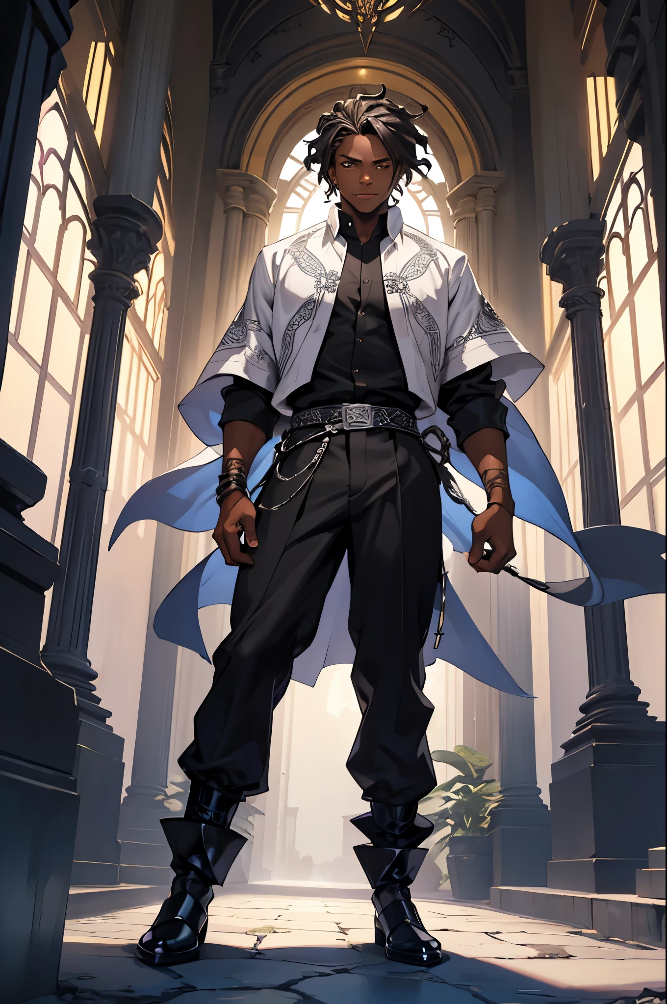Create a full-body fantasy illustration of Kwame Osei (Anansi). He stands slender and agile, wearing light, functional clothing: a black linen shirt with silver web designs and fitted leather pants, designed for agility and stealth. His short, curly hair and deep dark brown eyes reflect his cunning and intelligence. Surround him with an aura of shifting shadows and intricate webs with a dark and silvery glow to highlight his powerful and elusive presence.
