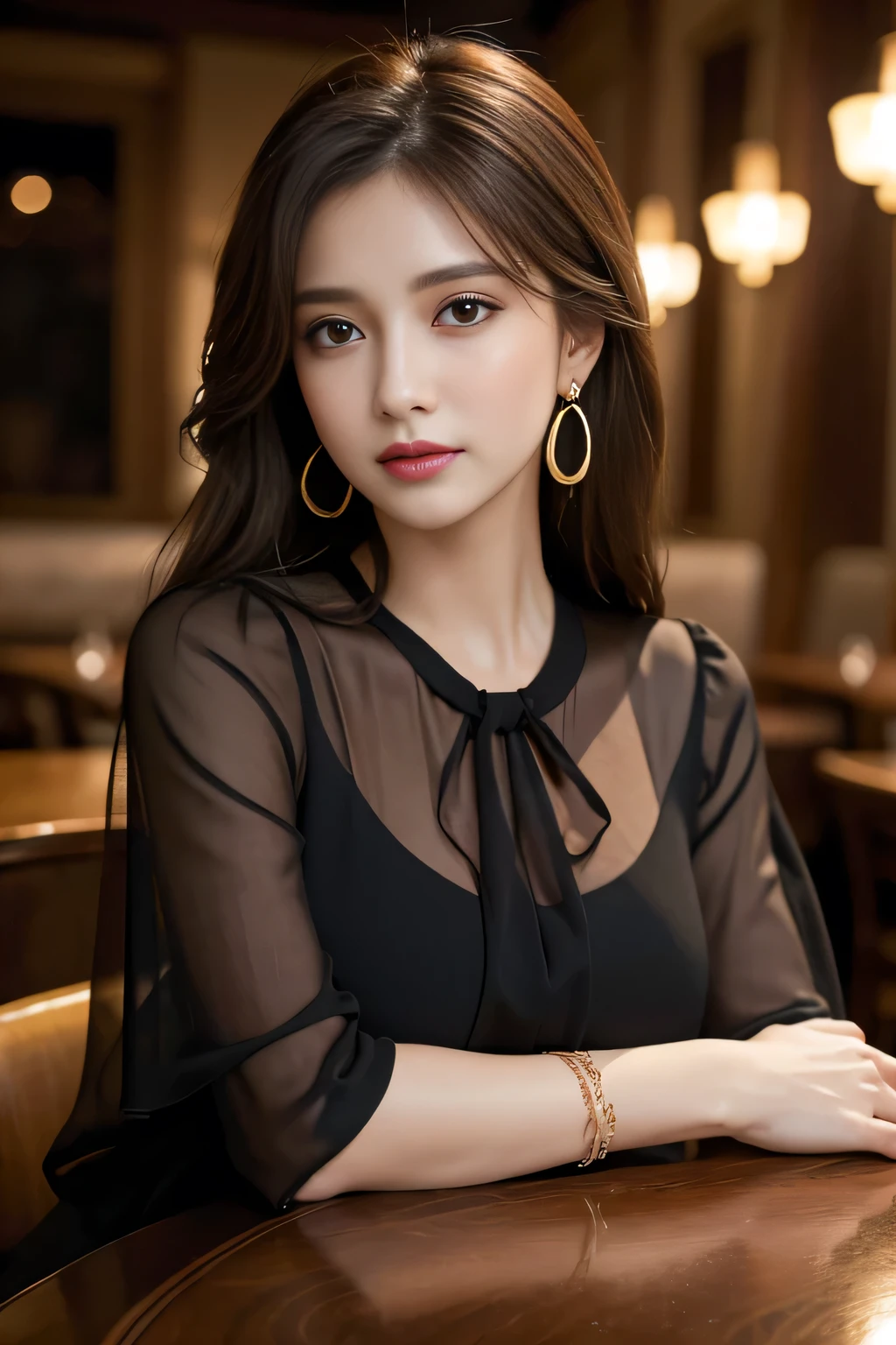 masterpiece, highest quality, Realistic, Very detailed, Finer details, High resolution, 8k wallpaper, One beautiful woman, Wear an elegant see-through black blouse, In a great restaurant, At night, Light brown messy hair, Perfect dynamic composition, Beautiful and beautiful eyes、Big earrings、Sitting in a chair、