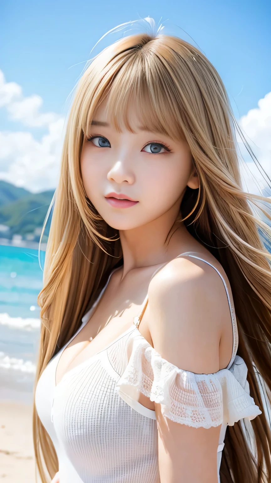 Sexy Big 、A cute with a sexy and cute look, beautiful and sexy face、A strong wind blows my hair in front of my face、With straight blonde hair、beautiful, Cute and sexy eyes hidden behind long bangs、I'm wearing a choker、Covering the eyes with bangs、I have a tattoo on my arm