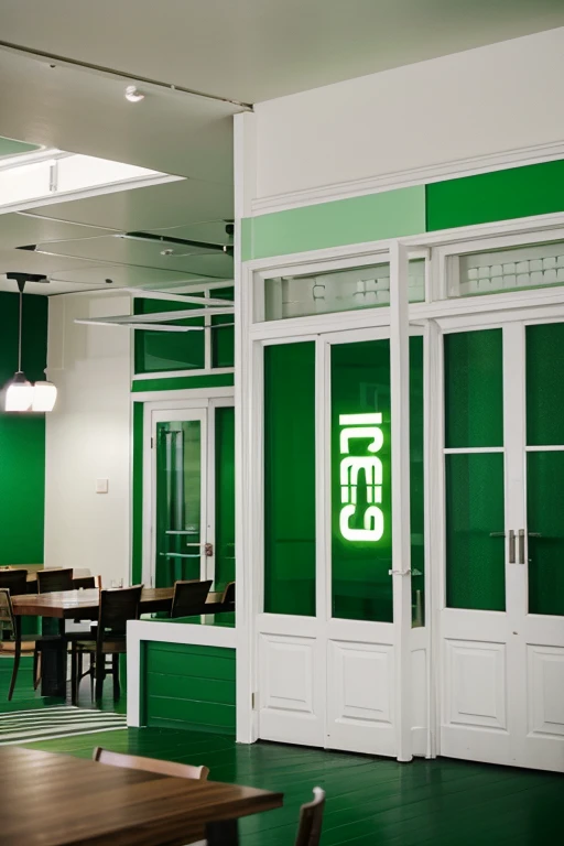Create a background image of a resturan name evolv let the color to be green and white." evolv" is the name of the resturant add a charcter of a boys and a person eating there
